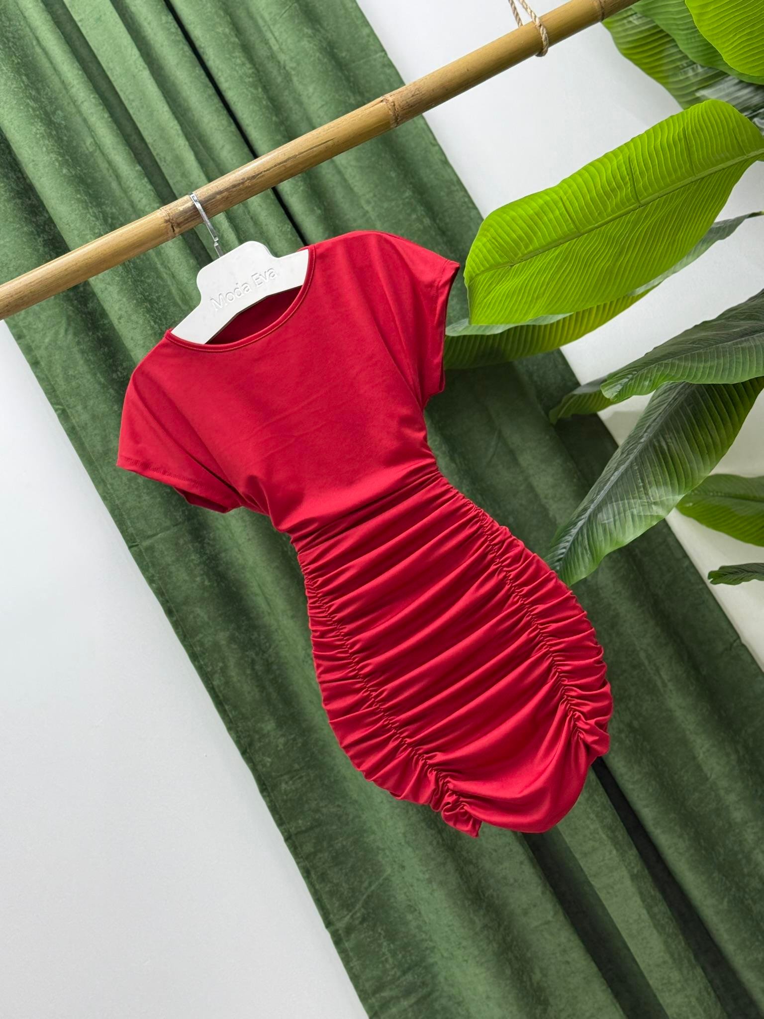 Kristal Pamuk Kumaş Drapeli Kalem Elbise Bordo