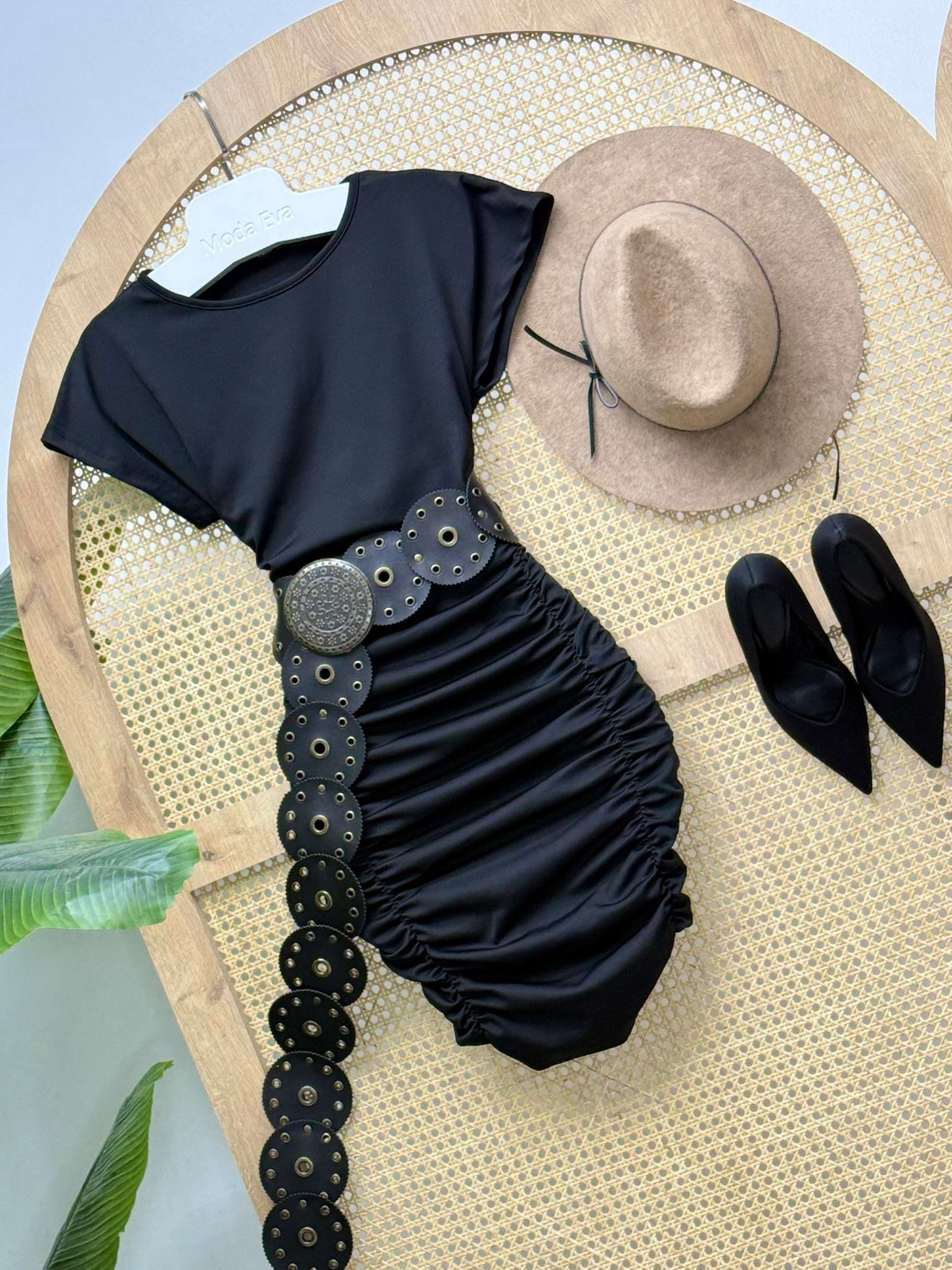 Kristal Pamuk Kumaş Drapeli Kalem Elbise Siyah