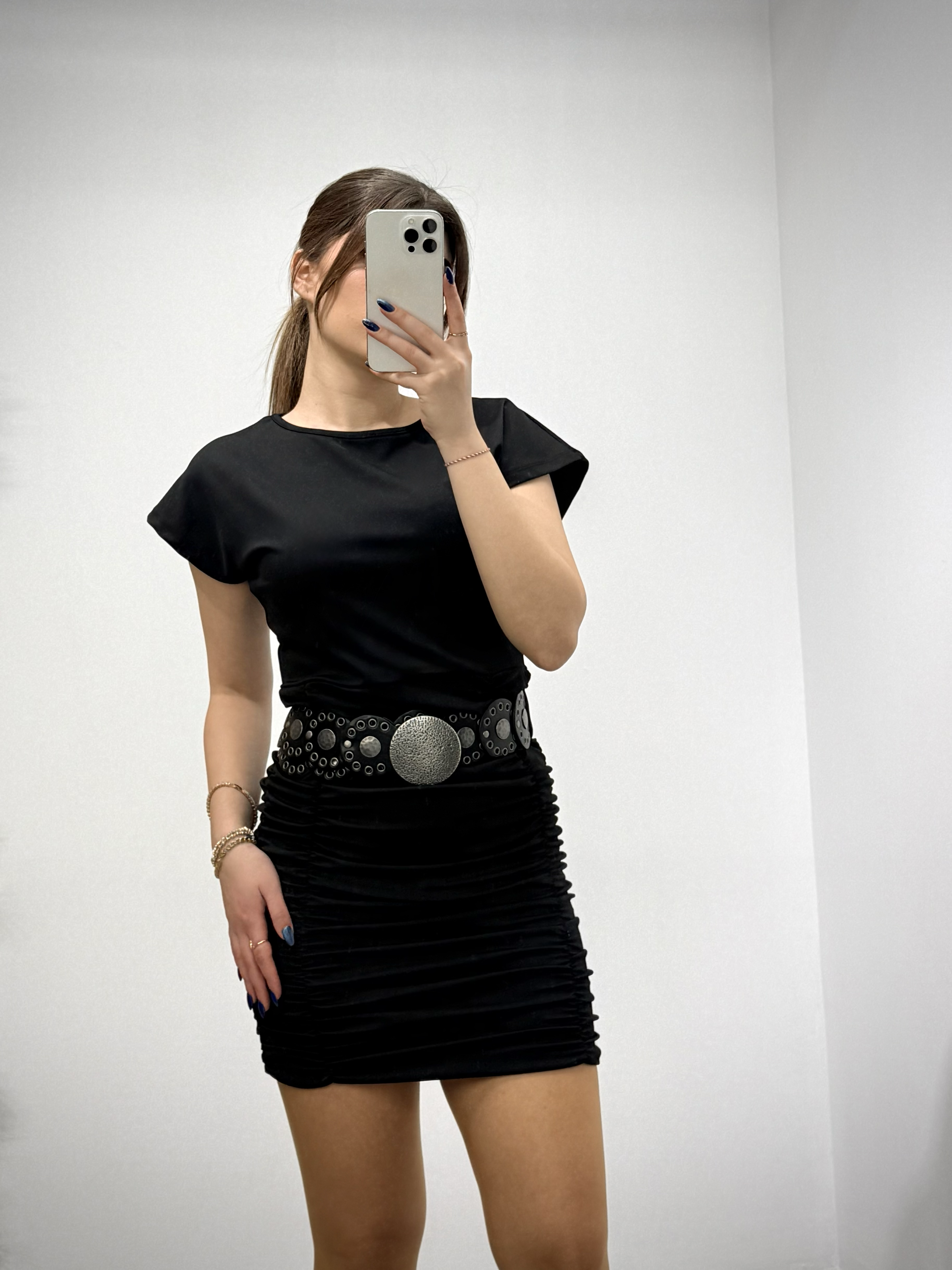 Kristal Pamuk Kumaş Drapeli Kalem Elbise Siyah