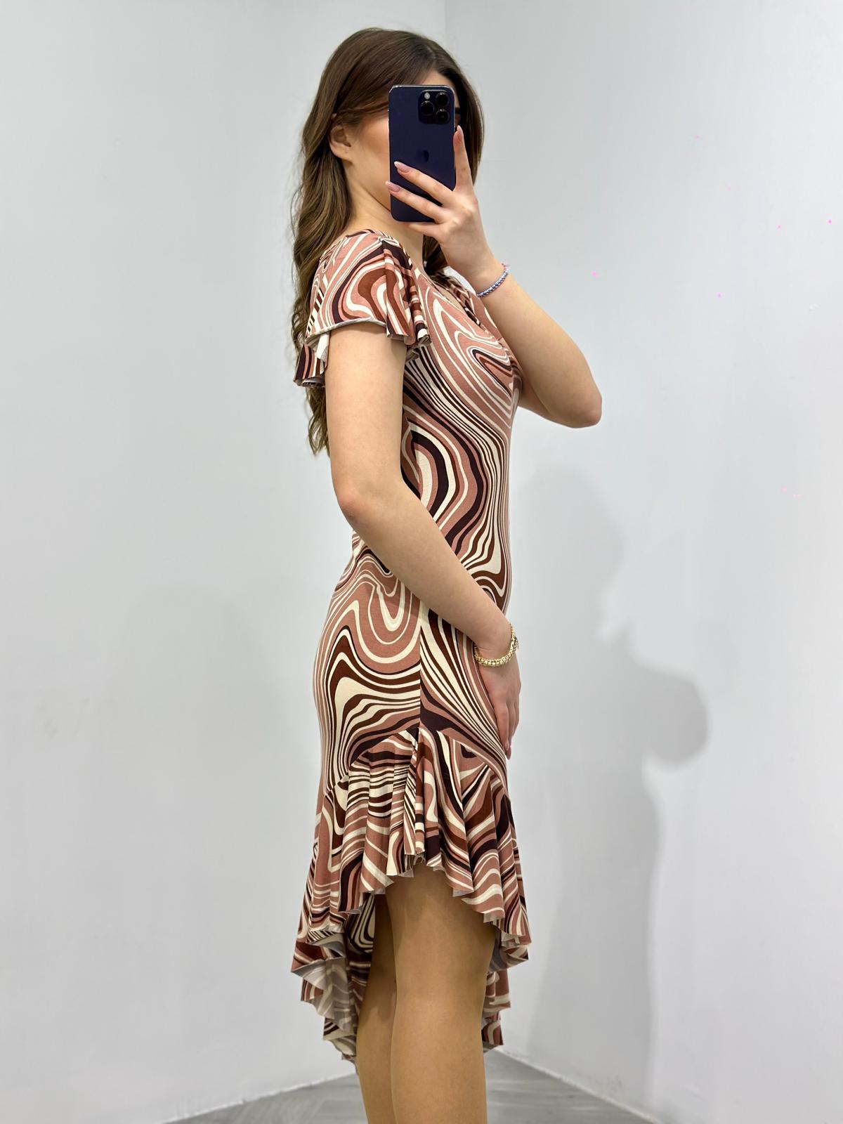 Kristal Pamuk Kumaş Kahve Desenli Asimetrik Elbise