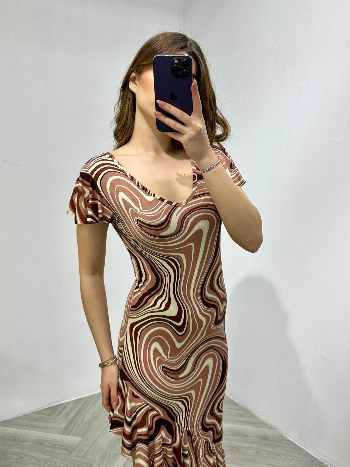 Kristal Pamuk Kumaş Kahve Desenli Asimetrik Elbise