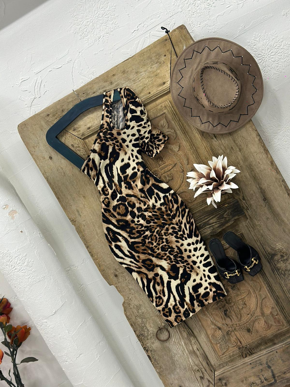 Kristal Pamuk Kumaş Leopar Desenli Tek Kol Kalem  Elbise