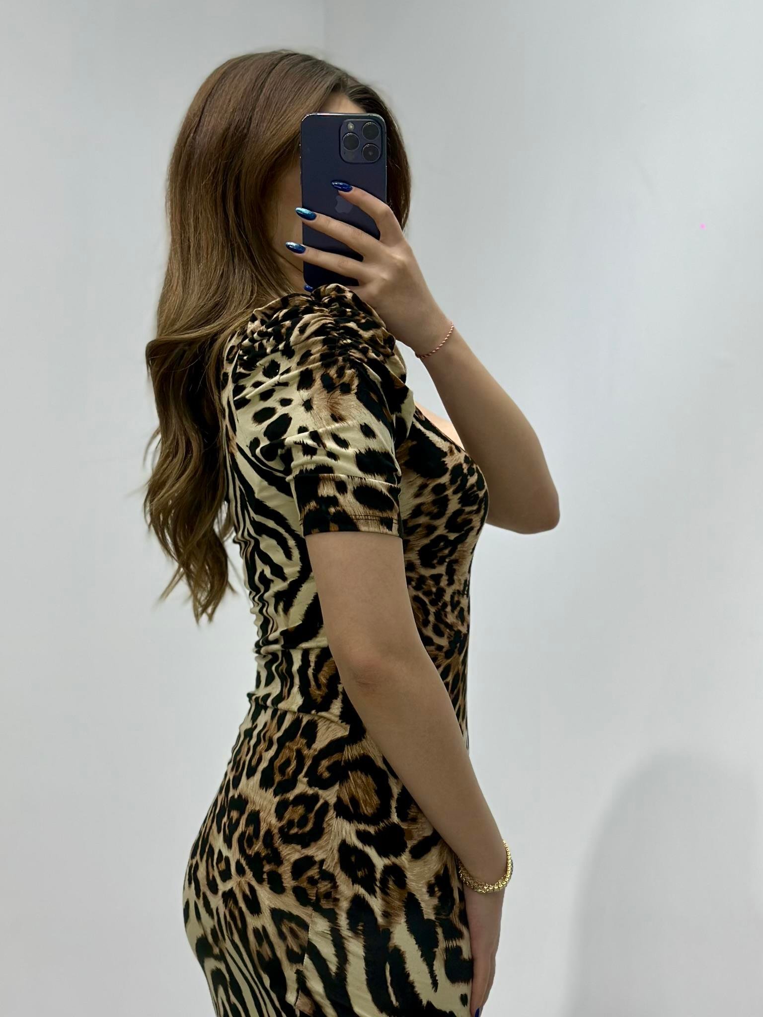 Kristal Pamuk Kumaş Leopar Desenli Tek Kol Kalem  Elbise