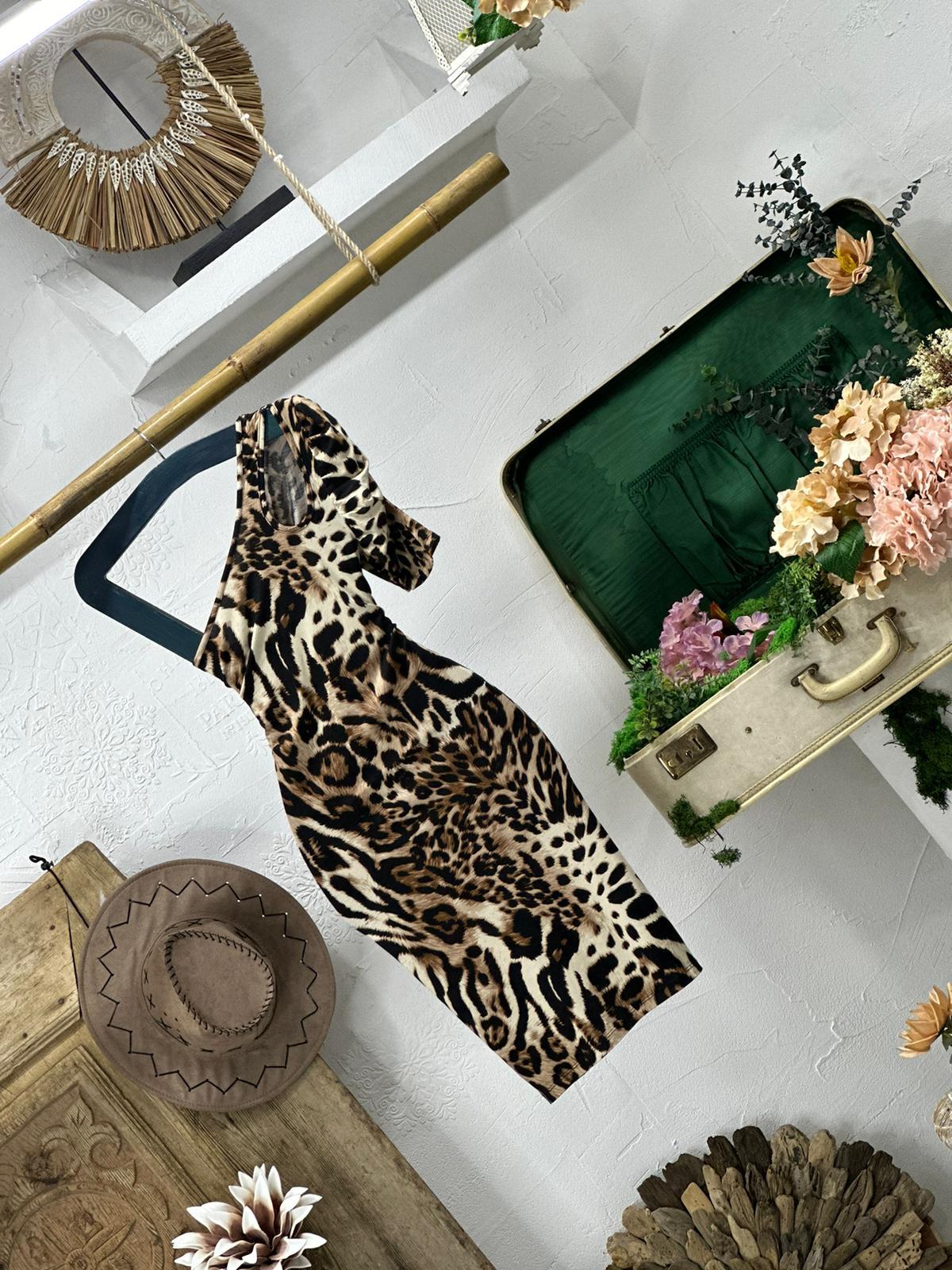 Kristal Pamuk Kumaş Leopar Desenli Tek Kol Kalem  Elbise