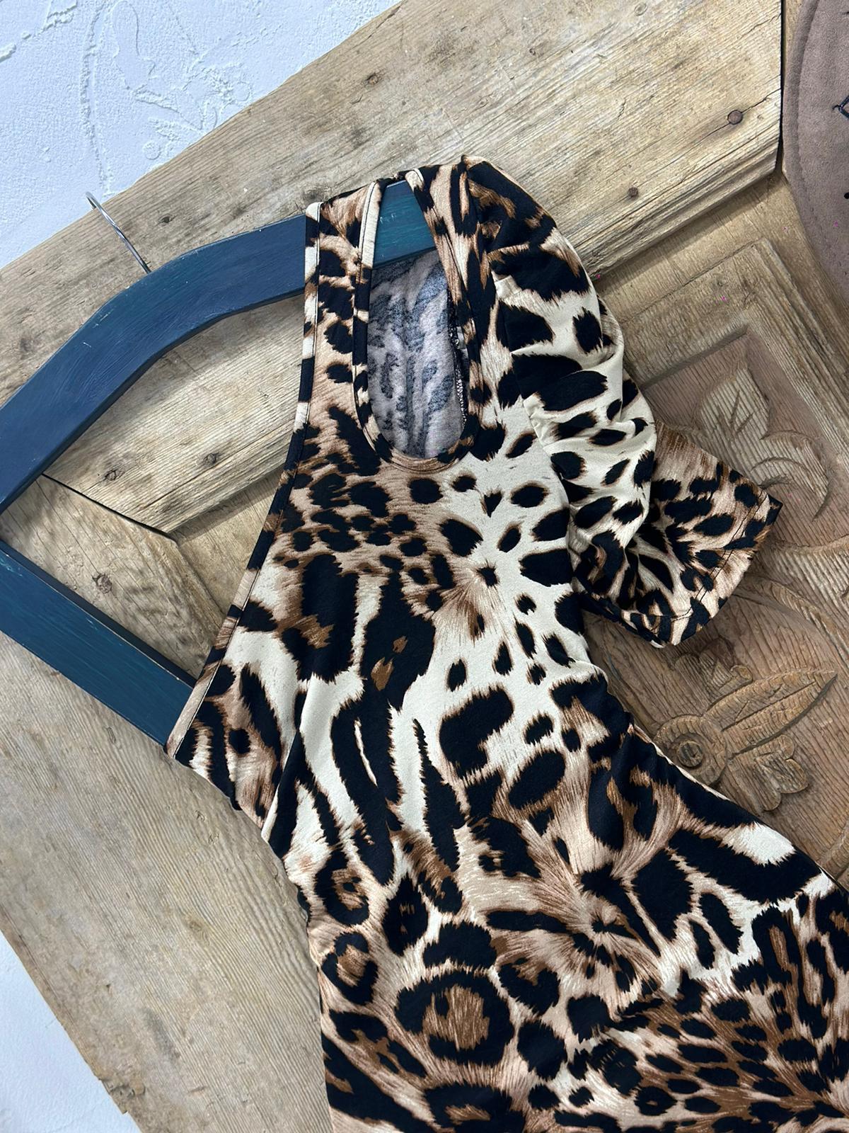 Kristal Pamuk Kumaş Leopar Desenli Tek Kol Kalem  Elbise