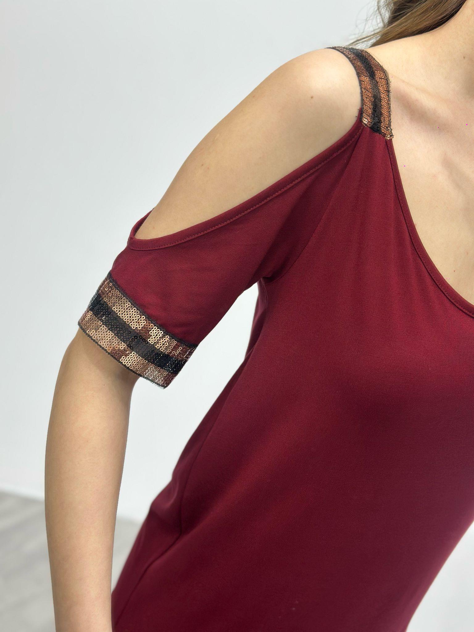 Kristal Pamuk Kumaş Rahat Kalıp Payet Detay Elbise Bordo