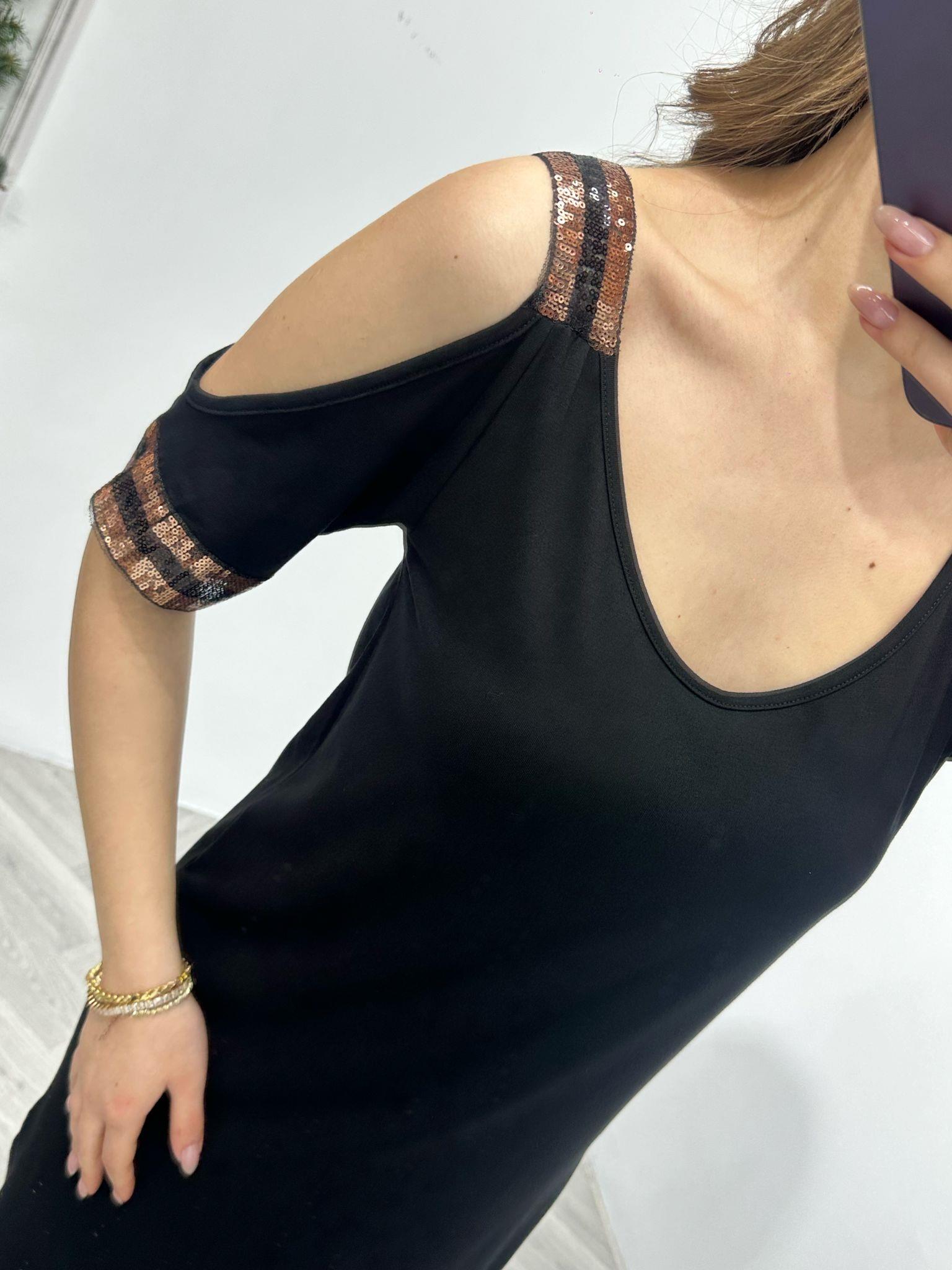 Kristal Pamuk Kumaş Rahat Kalıp Payet Detay Elbise Siyah