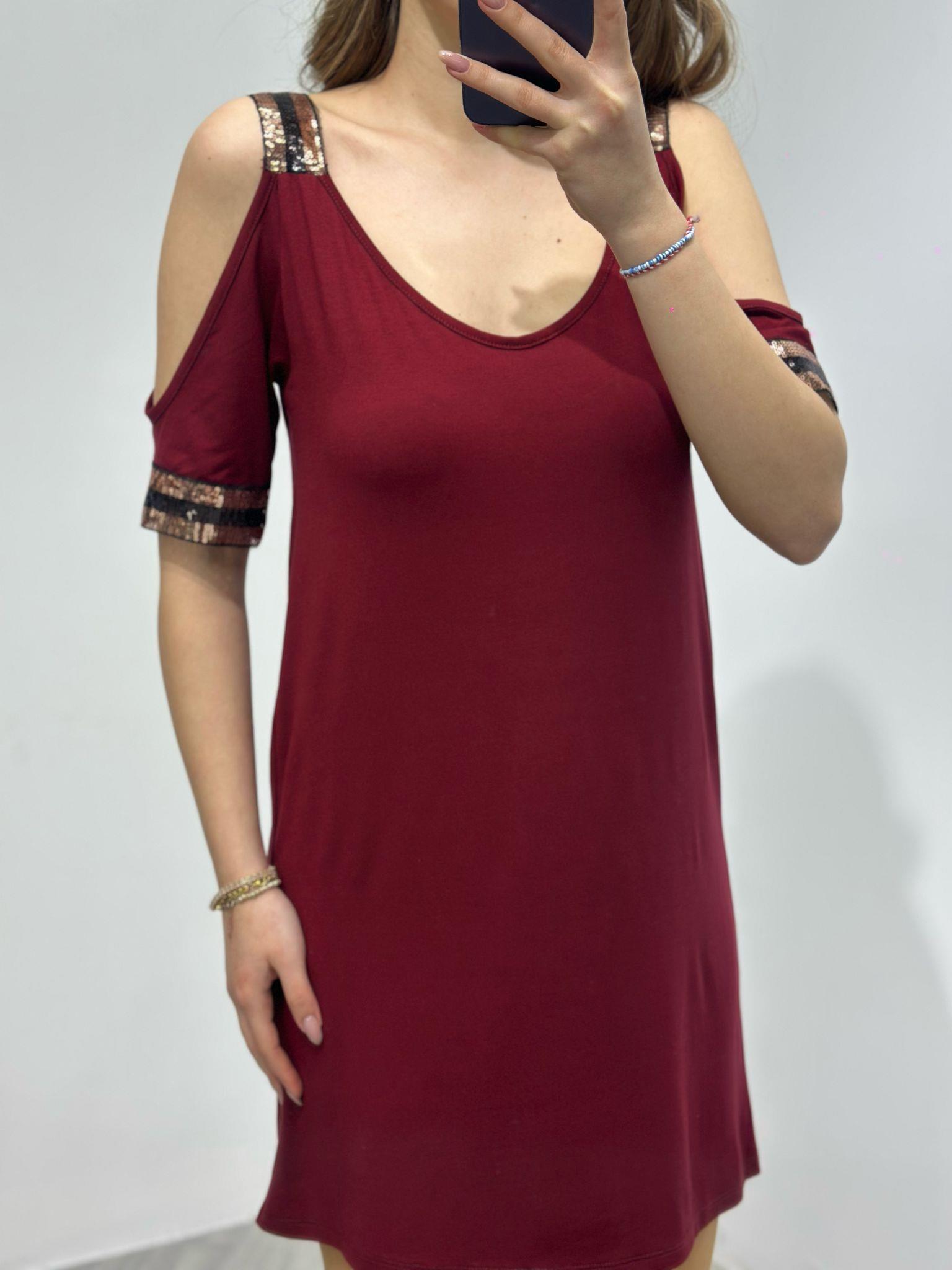 Kristal Pamuk Kumaş Rahat Kalıp Payet Detay Elbise Bordo
