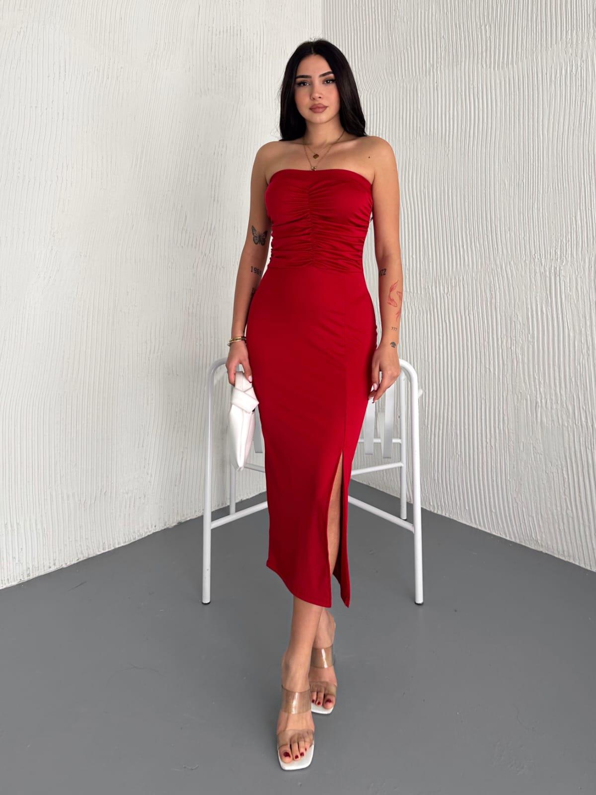 Kristal Pamuk Kumaş Straplez Yan Yırtmaçlı Kalem Elbise Bordo