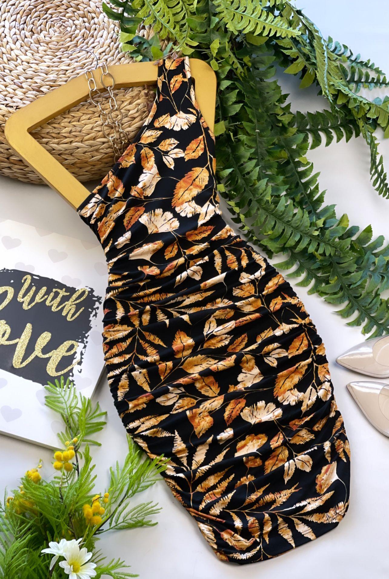 Kristal Pamuk Kumaş Yanlar Büzgülü Çiçek ve Yaprak Desenli Tek Omuz Kalem Elbise