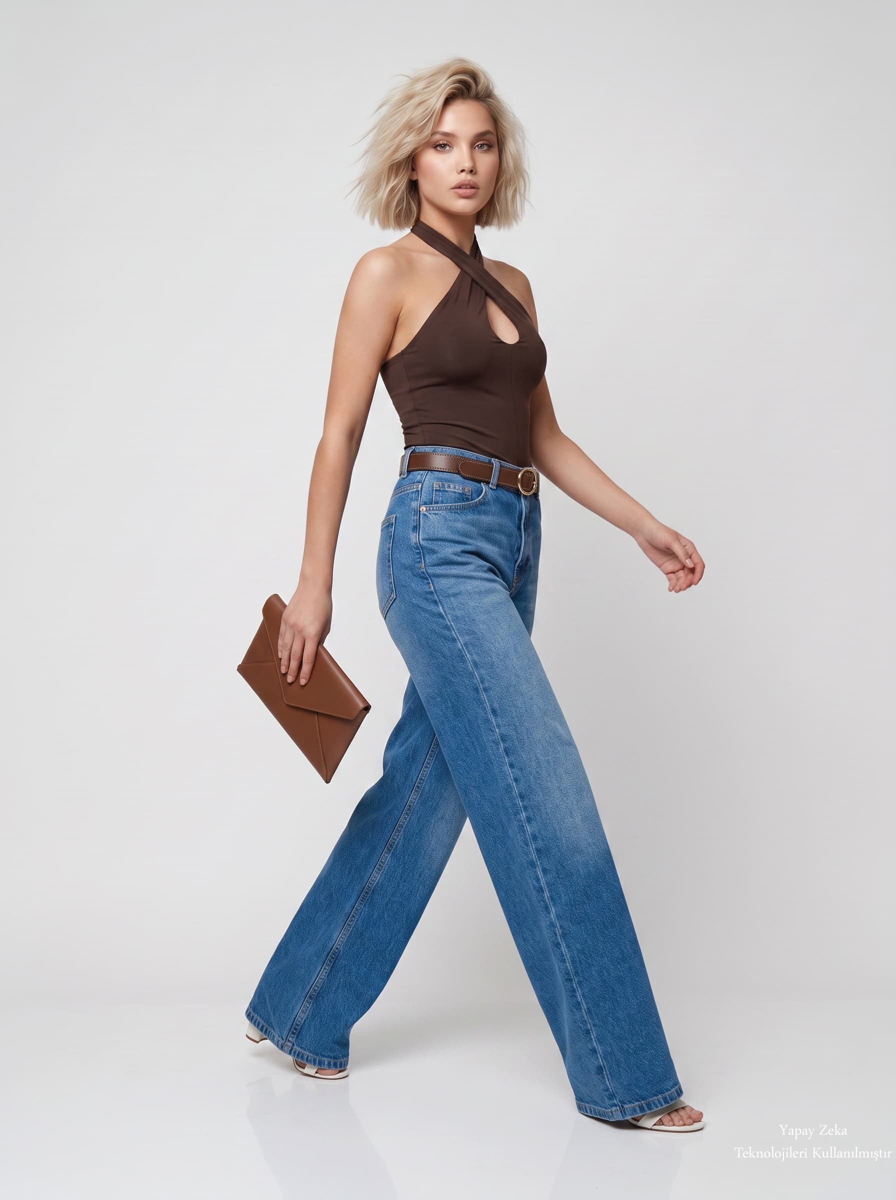 Kruvaze Yaka Boyun Detay Bluz Kahverengi