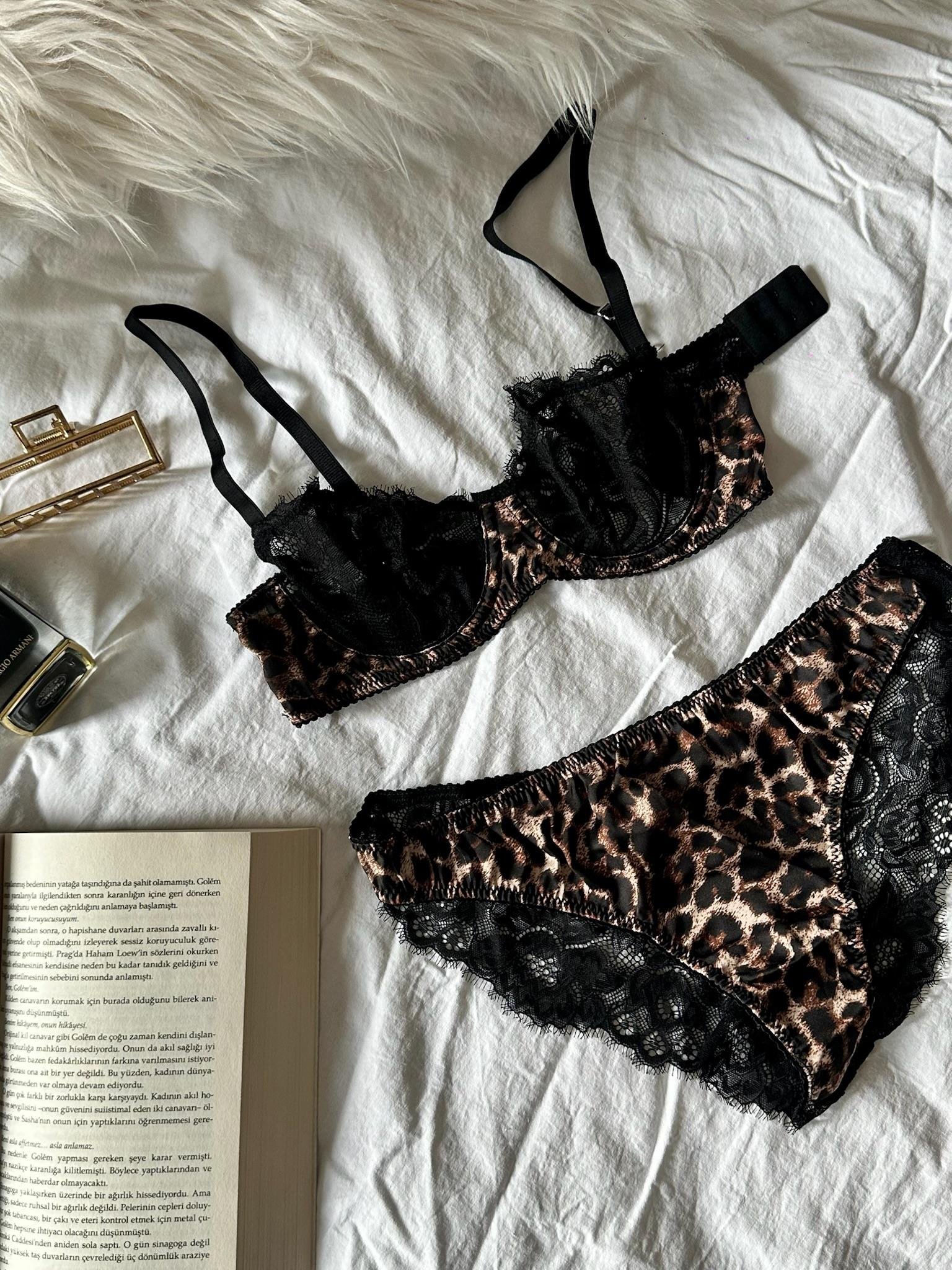 Leopar Desen Balenli Dantelli Sütyen Takım