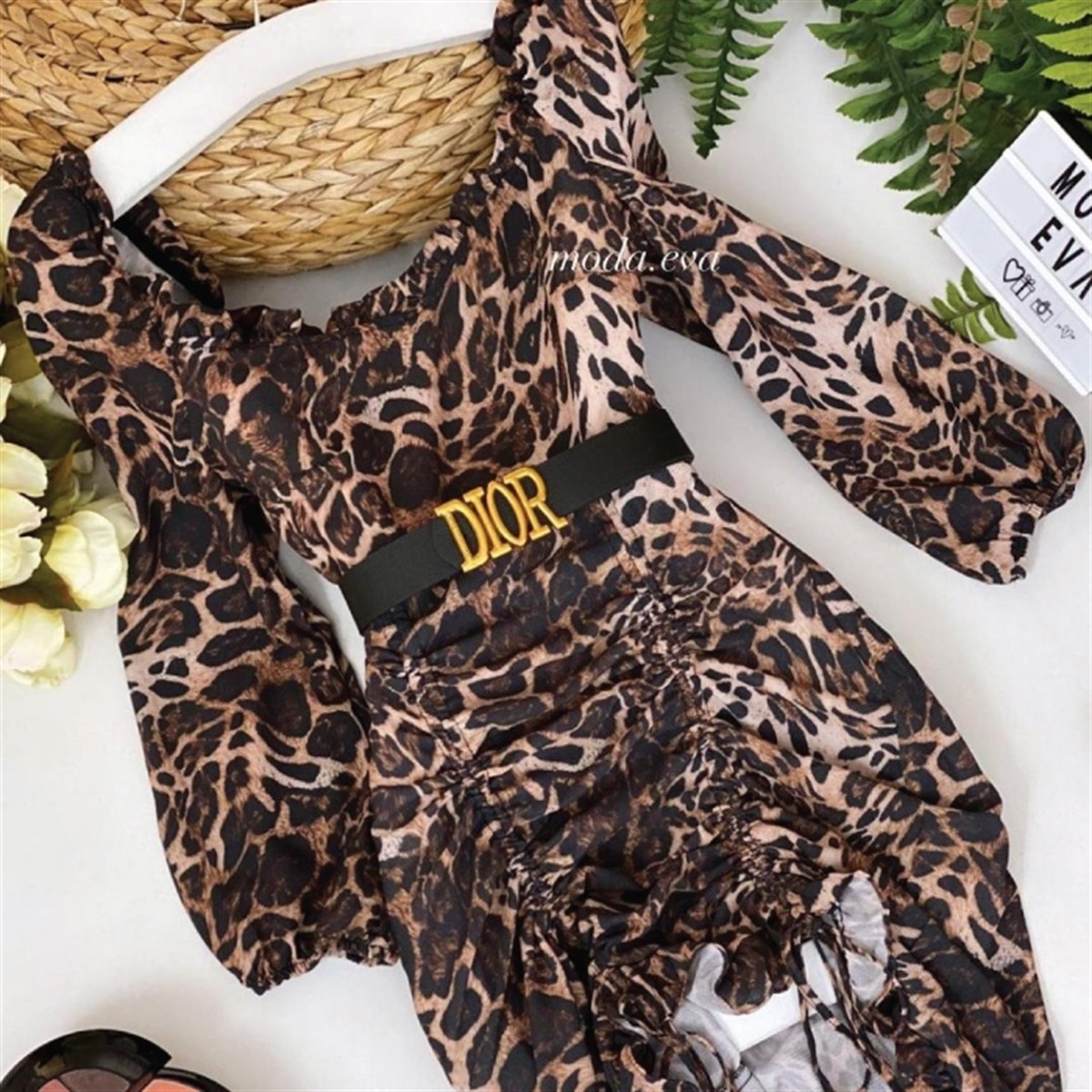 LEOPAR DESEN MOSS CREP  BÜZGÜLÜ ELBİSE