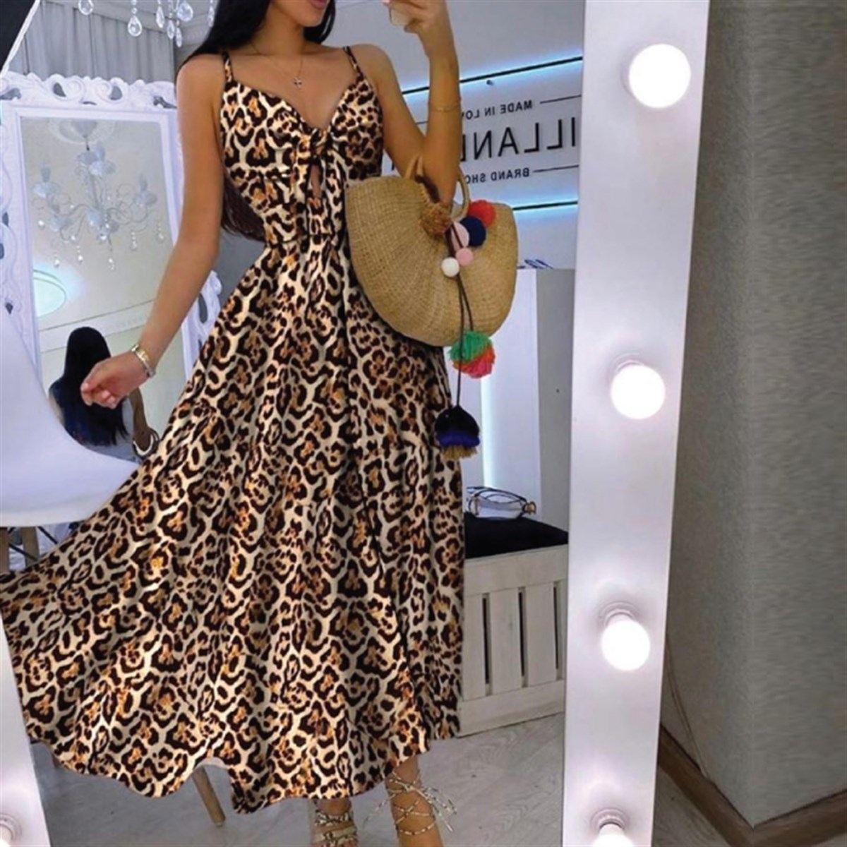 LEOPAR DESEN YAKA BAĞ DETAY ELBİSE