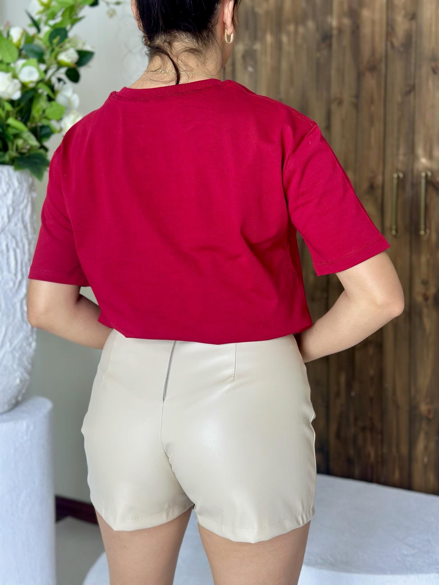 Leopar Desenli Nakış Detaylı Rahat Kalıp Premium Tshirt Kırmızı