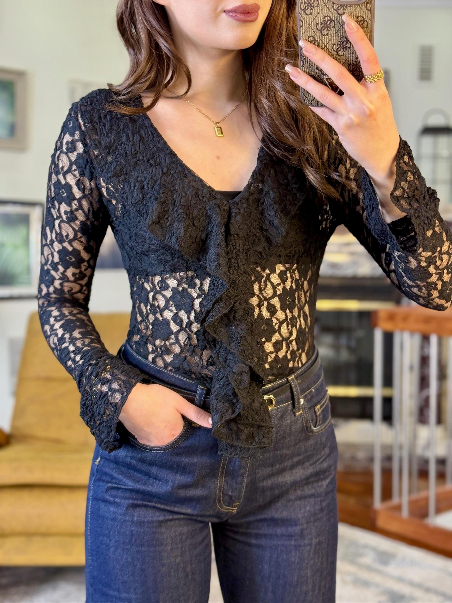 Likralı Dantel Kumaş Fırfırlı Bluz Siyah