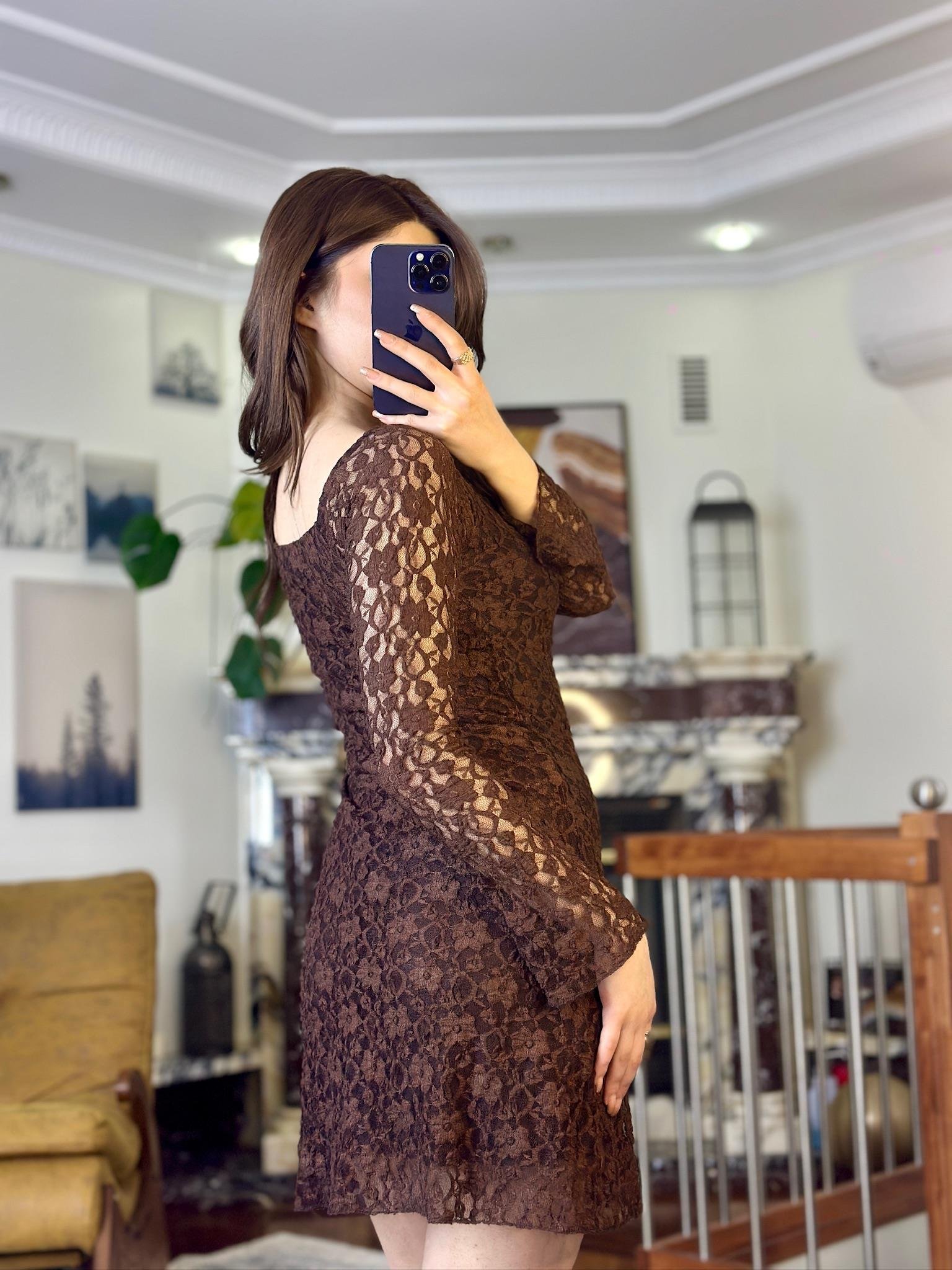 Likralı Dantel Kumaş Prenses Yaka Elbise Kahverengi