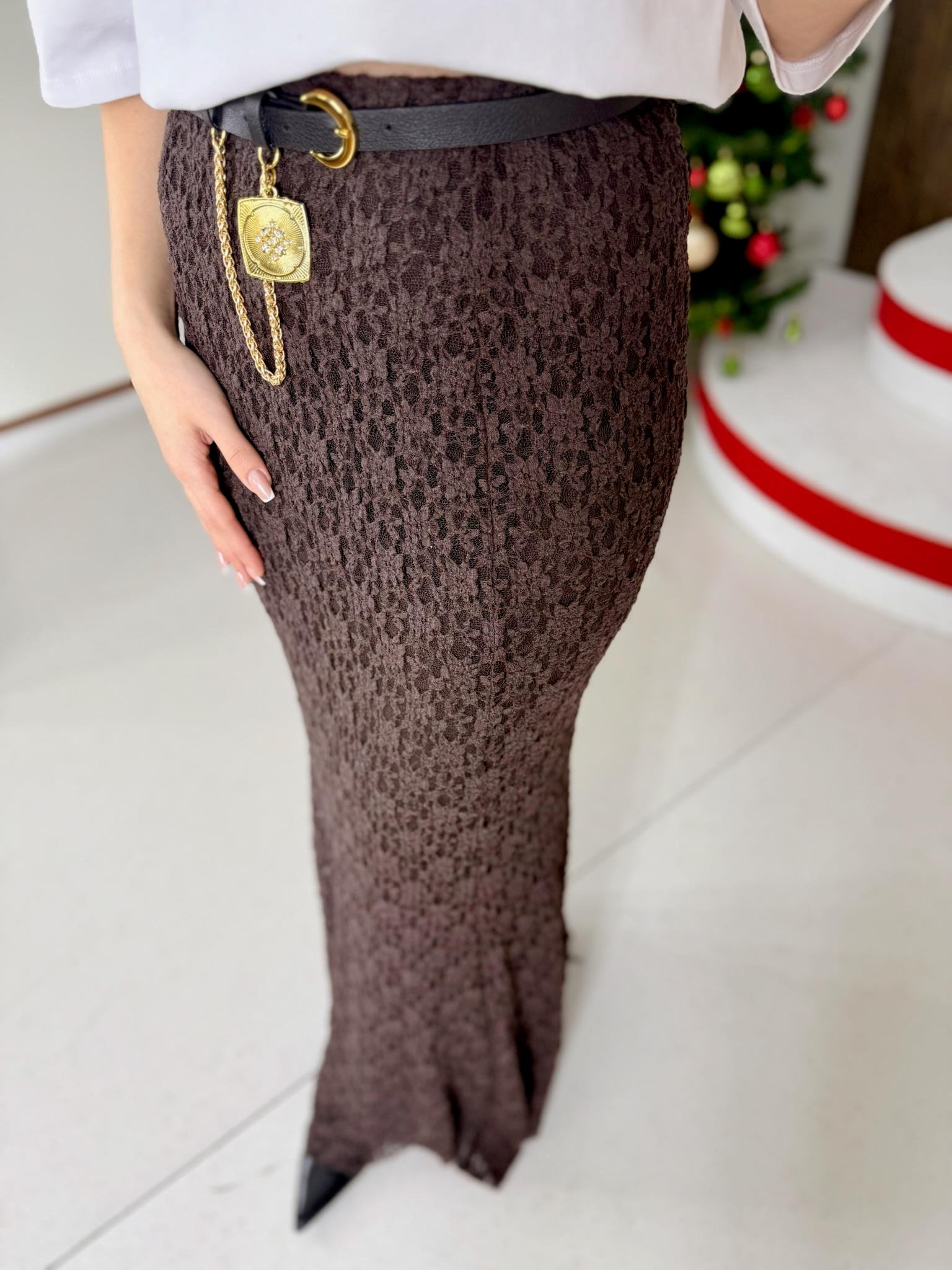 Likralı Dantel Kumaş Uzun Etek Kemer Dahil Değildir