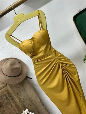 Likralı Gloplu Pu Deri Yırtmaçlı Elbise Gold