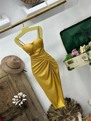 Likralı Gloplu Pu Deri Yırtmaçlı Elbise Gold