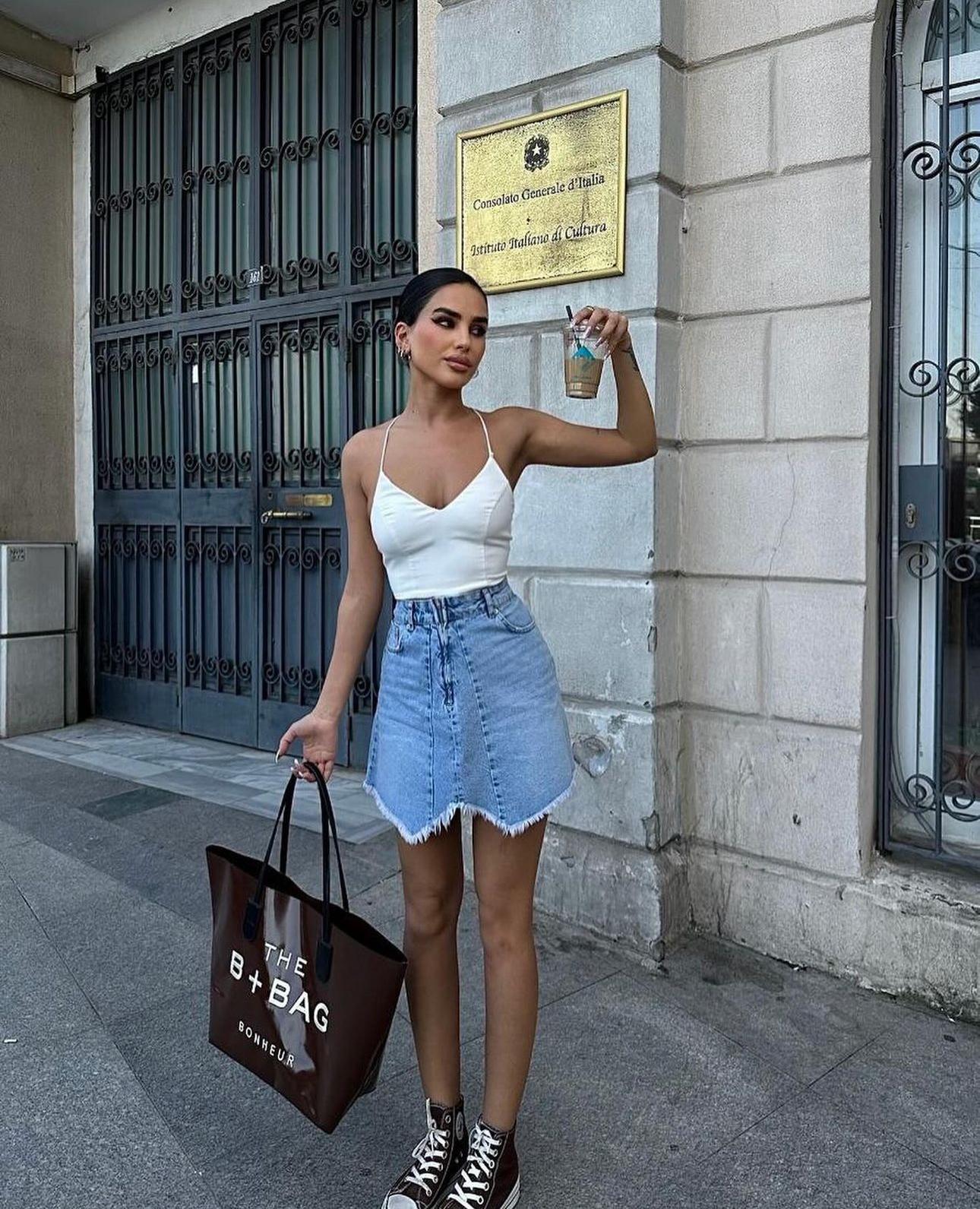 Likralı Jean Kumaş Asimetrik Kesim Etek 