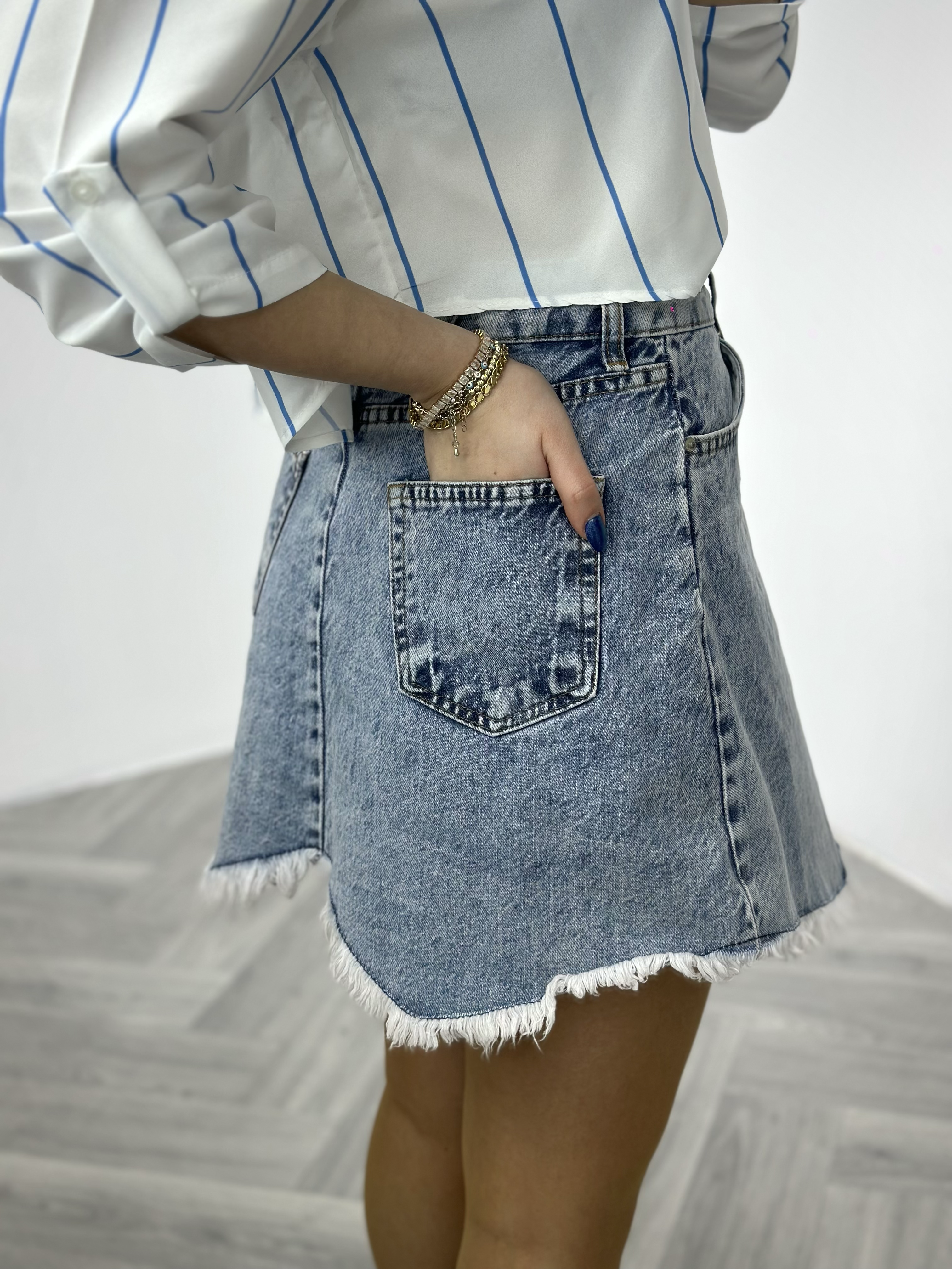 Likralı Jean Kumaş Asimetrik Kesim Etek 