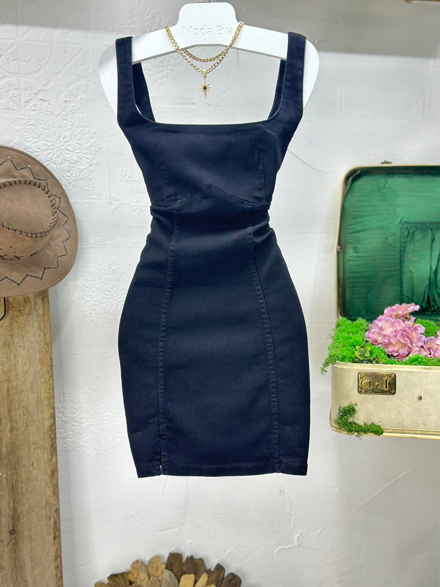 Likralı Jean Kumaş Kalın Askılı Elbise