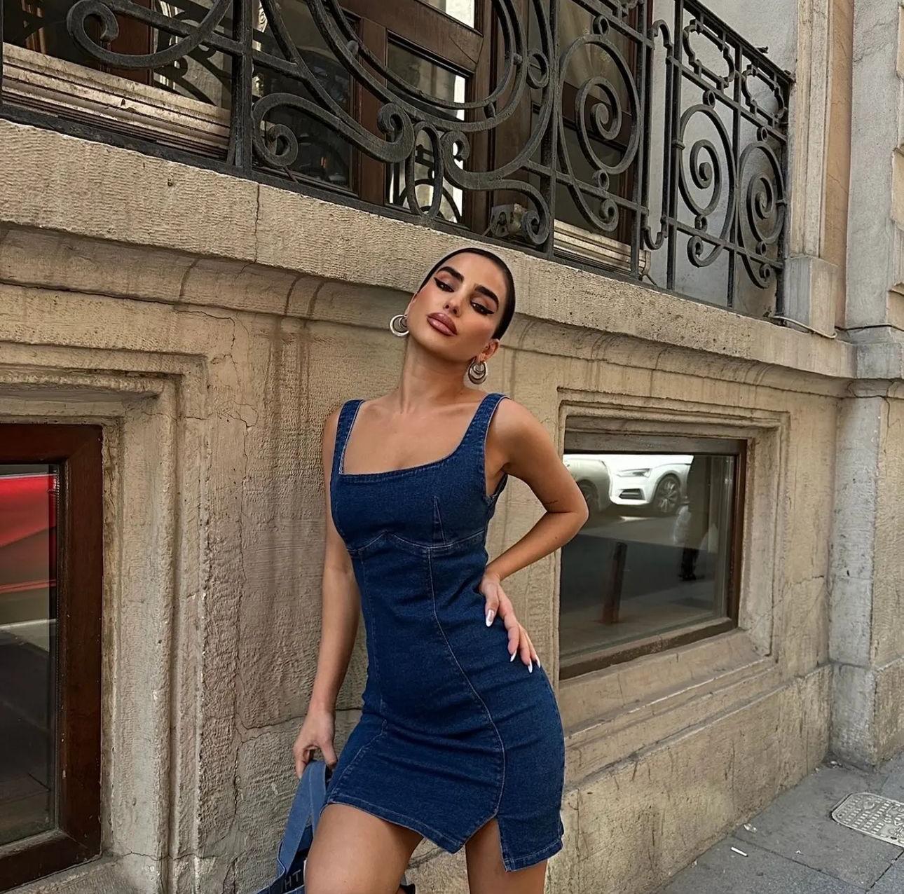 Likralı Jean Kumaş Kalın Askılı Elbise