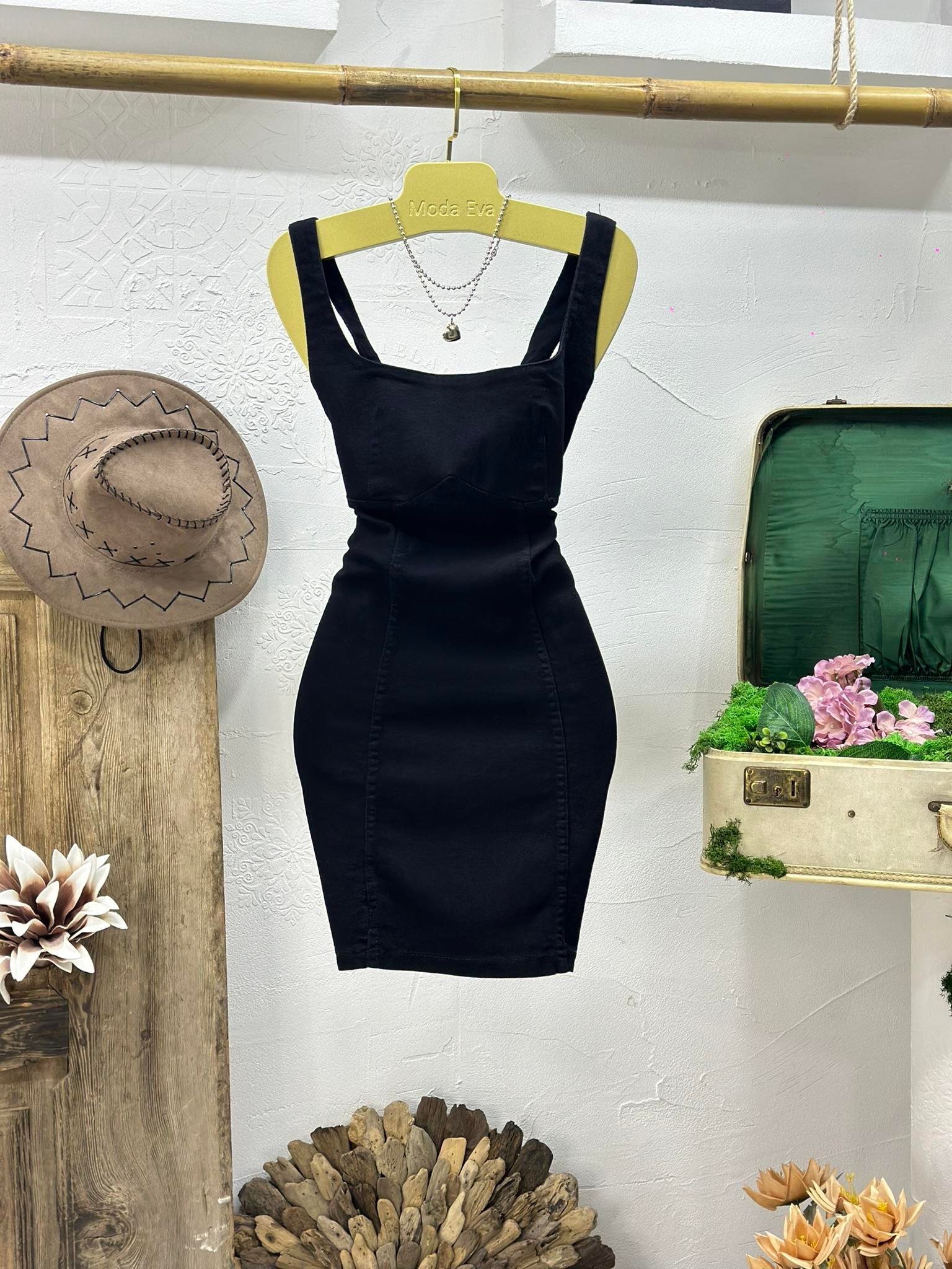 Likralı Jean Kumaş Kalın Askılı Elbise