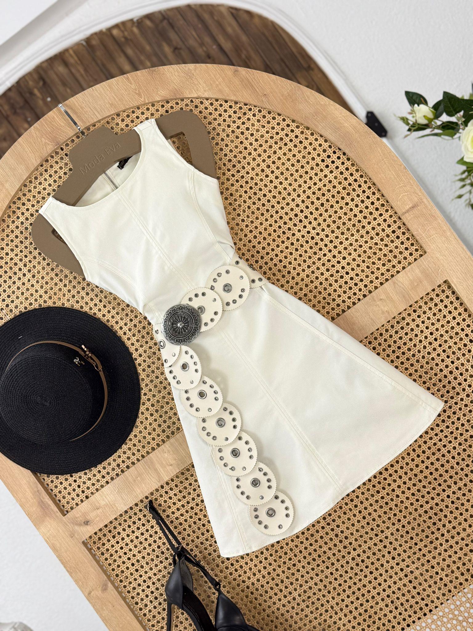 Likralı Jean Kumaş Parçalı Dikim Sırt Metal Fermuarlı Kloş Elbise Kemer Dahil Değildir