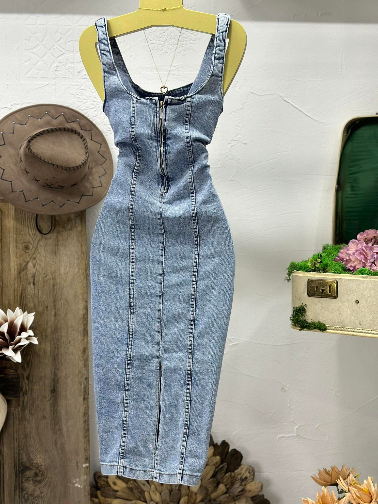 Likralı Jean Kumaş Sırt Fermuarlı Uzun Elbise 