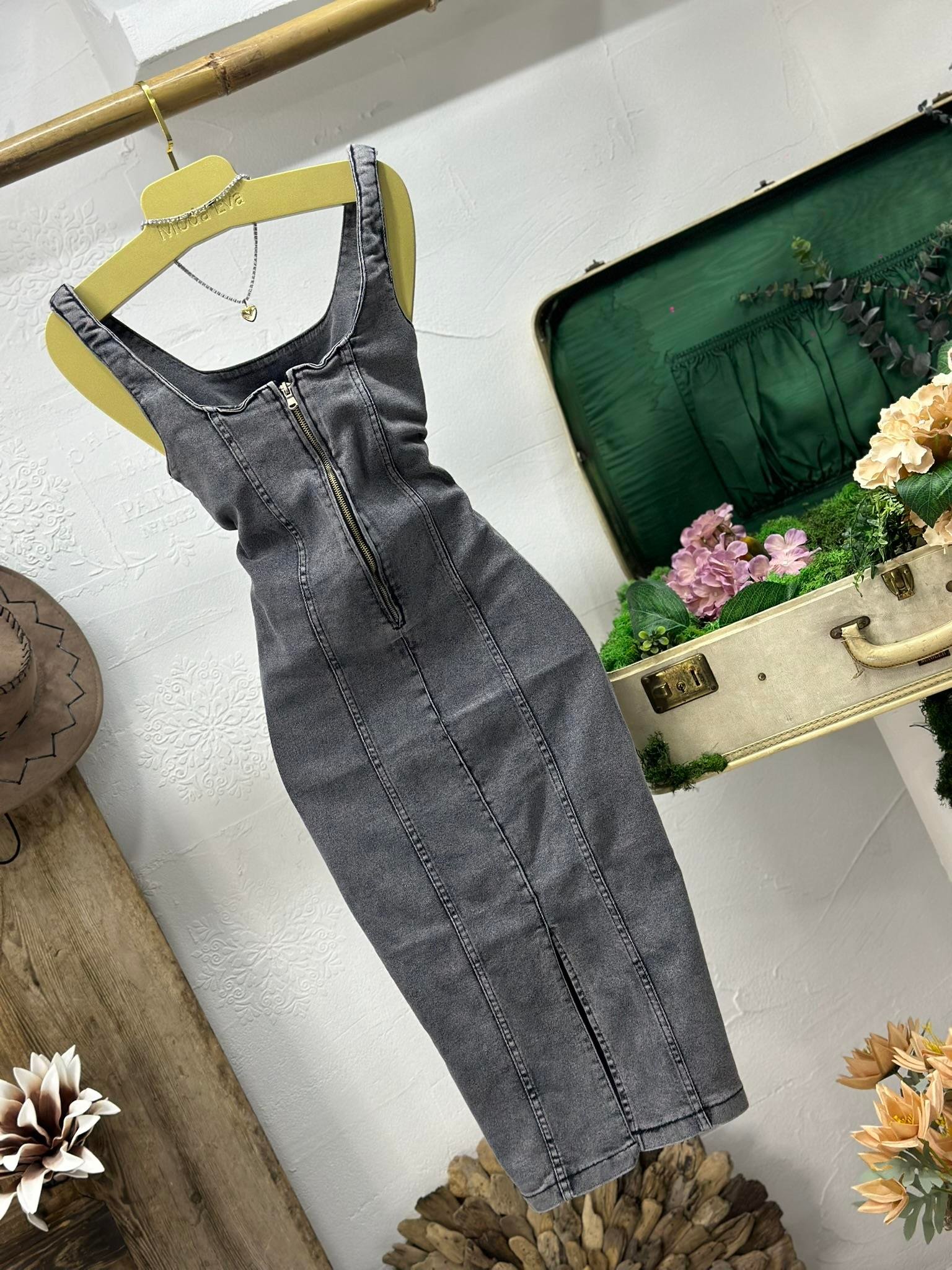 Likralı Jean Kumaş Sırt Fermuarlı Uzun Elbise 