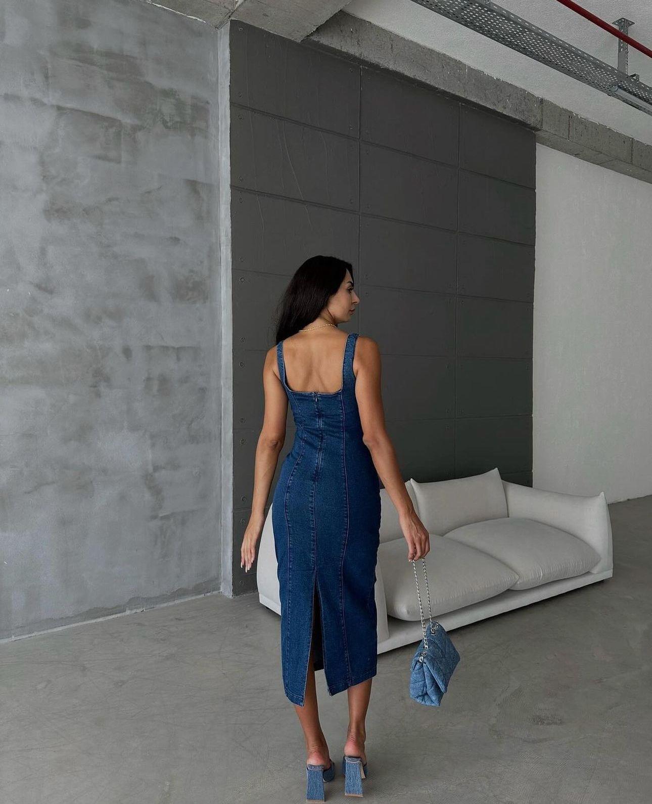 Likralı Jean Kumaş Sırt Fermuarlı Uzun Elbise 