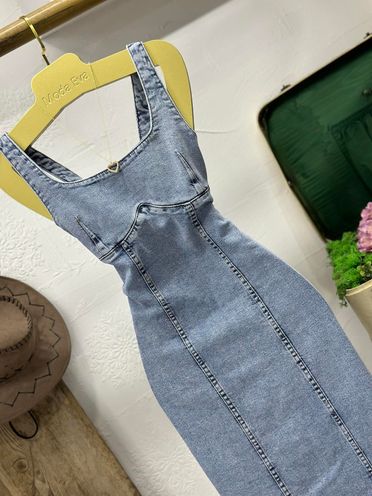 Likralı Jean Kumaş Sırt Fermuarlı Uzun Elbise 