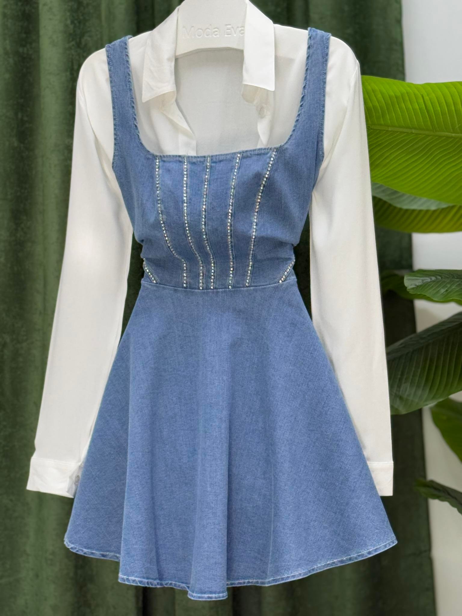 Likralı Jean Kumaş Taş Dizayn Kalın Askılı Kloş Elbise