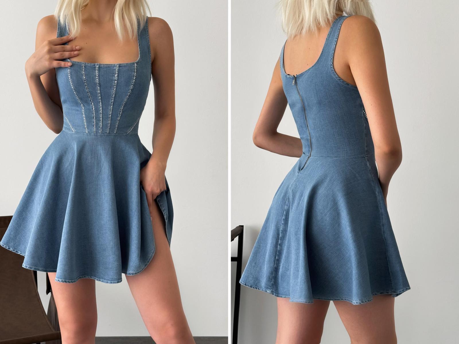 Likralı Jean Kumaş Taş Dizayn Kalın Askılı Kloş Elbise