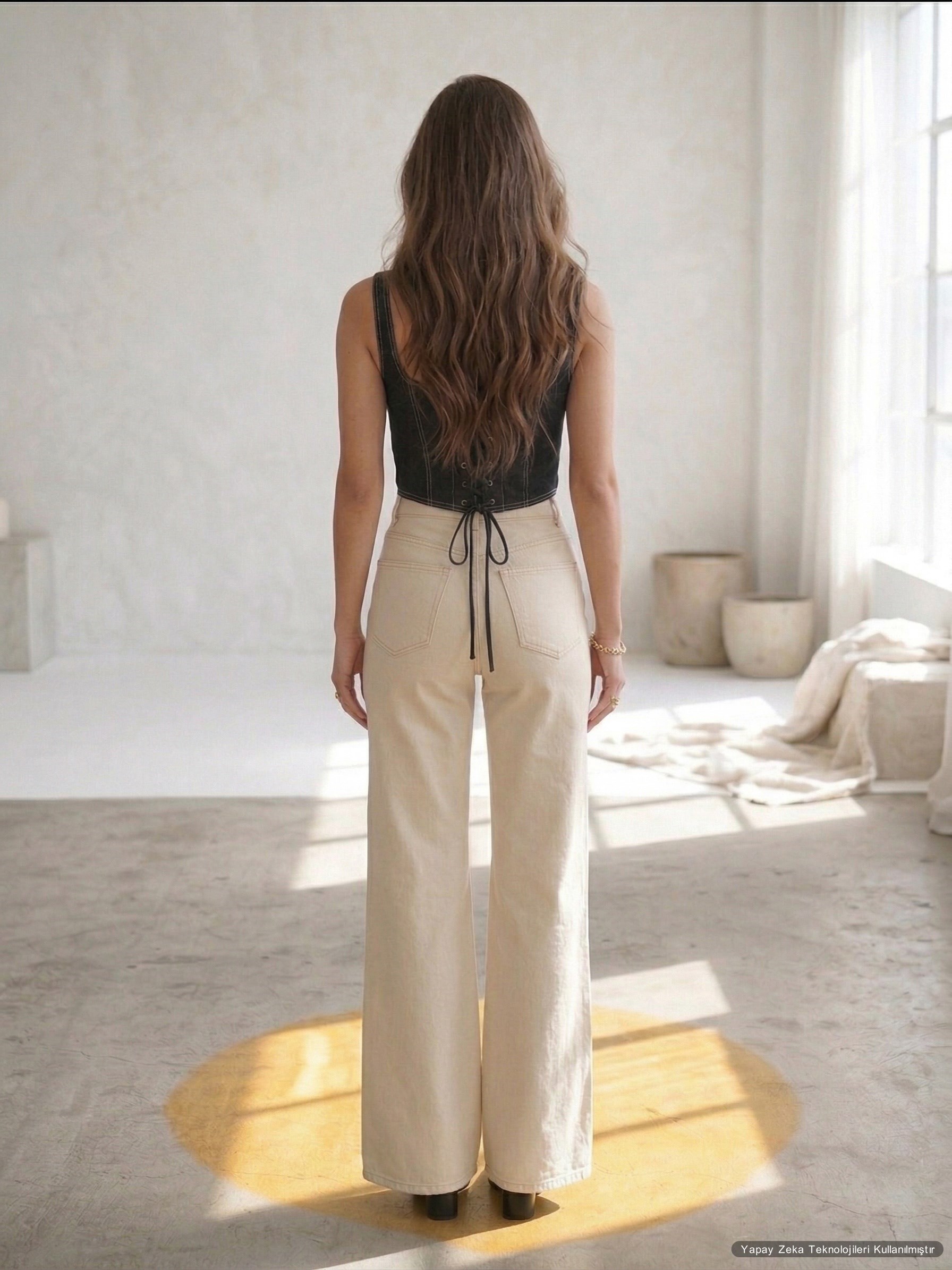 Likralı Jean Kumaş Taş Yıkamalı Wide Leg Pantolon