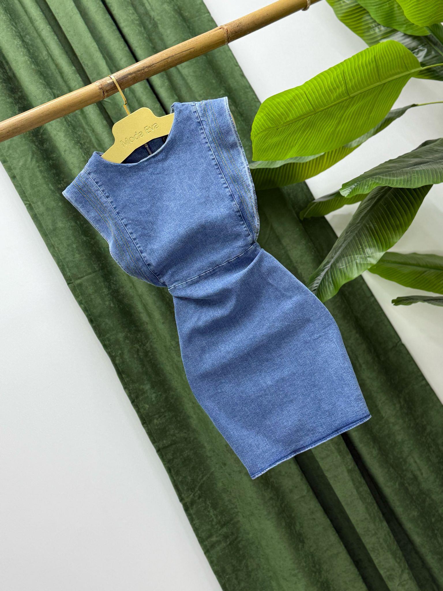 Likralı Jean Omuz Detay Tasarım Elbise