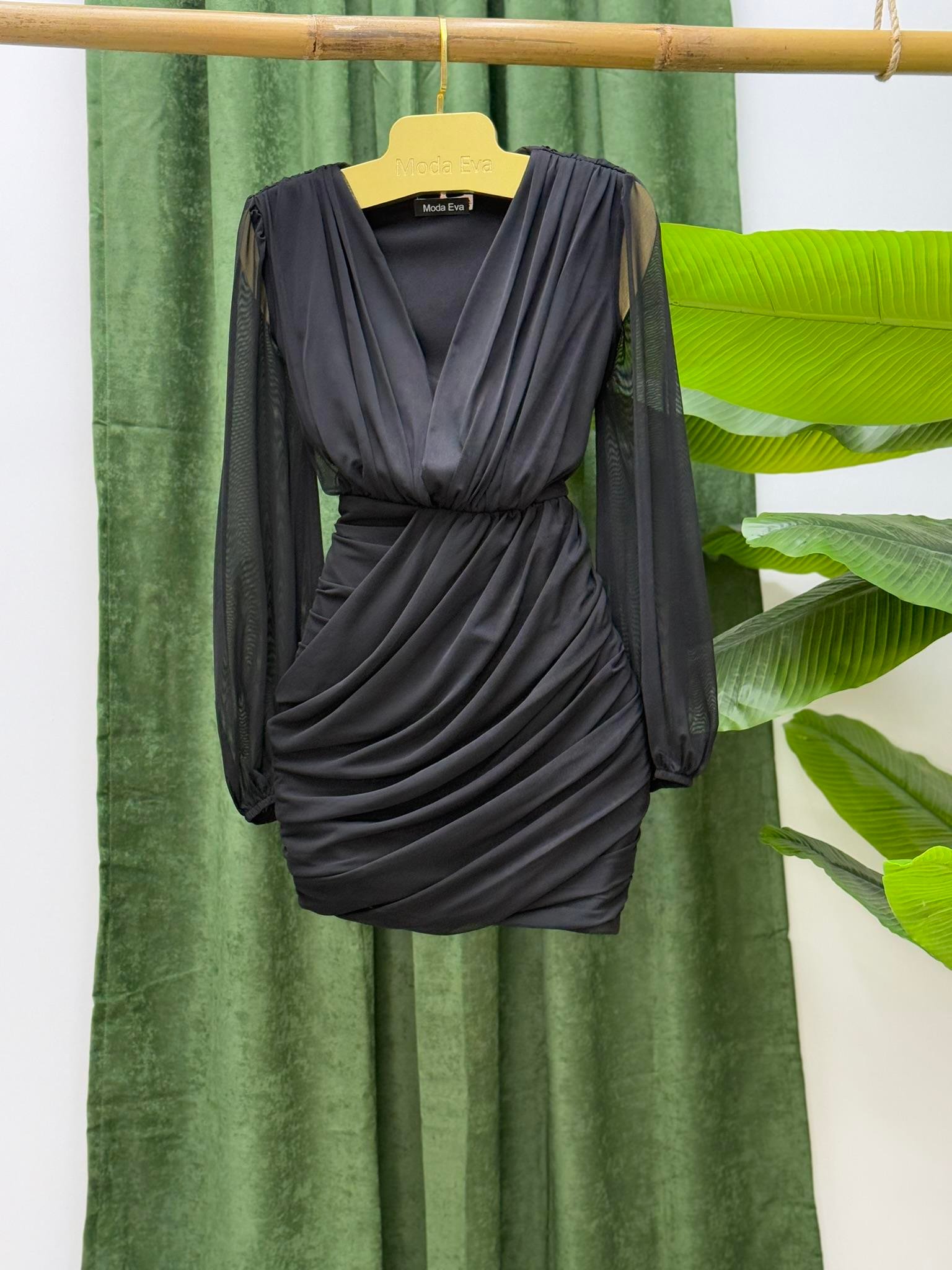 Likralı Kumaş Drapeli Derin V Yaka Tasarım Elbise Siyah 