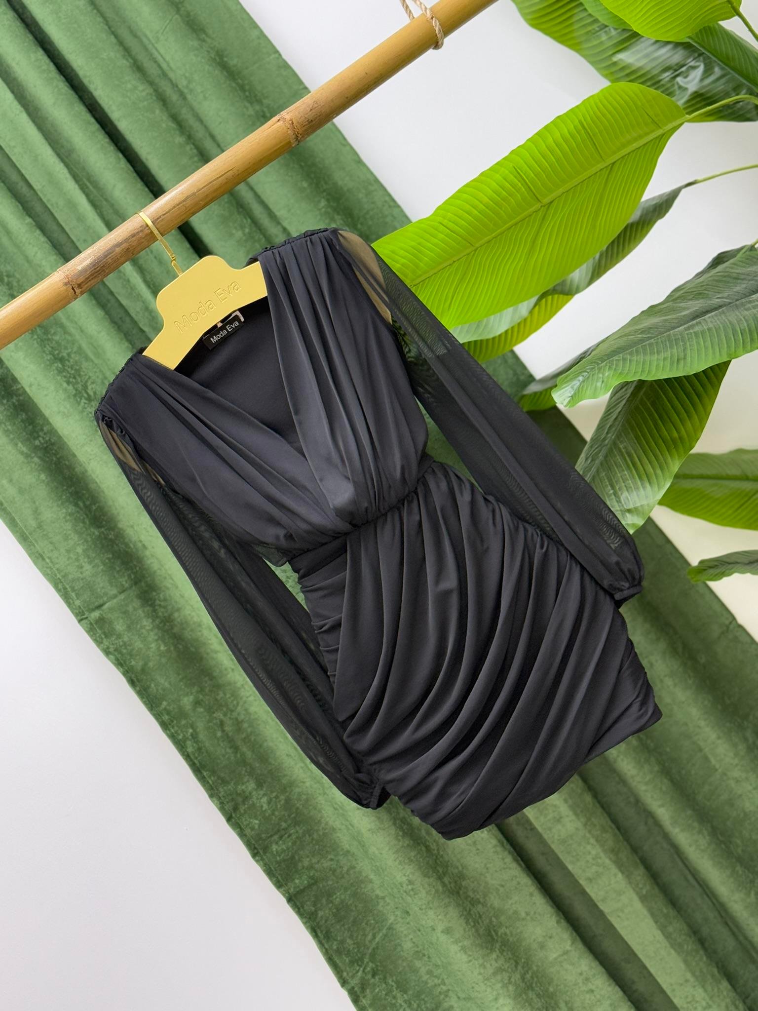 Likralı Kumaş Drapeli Derin V Yaka Tasarım Elbise Siyah 