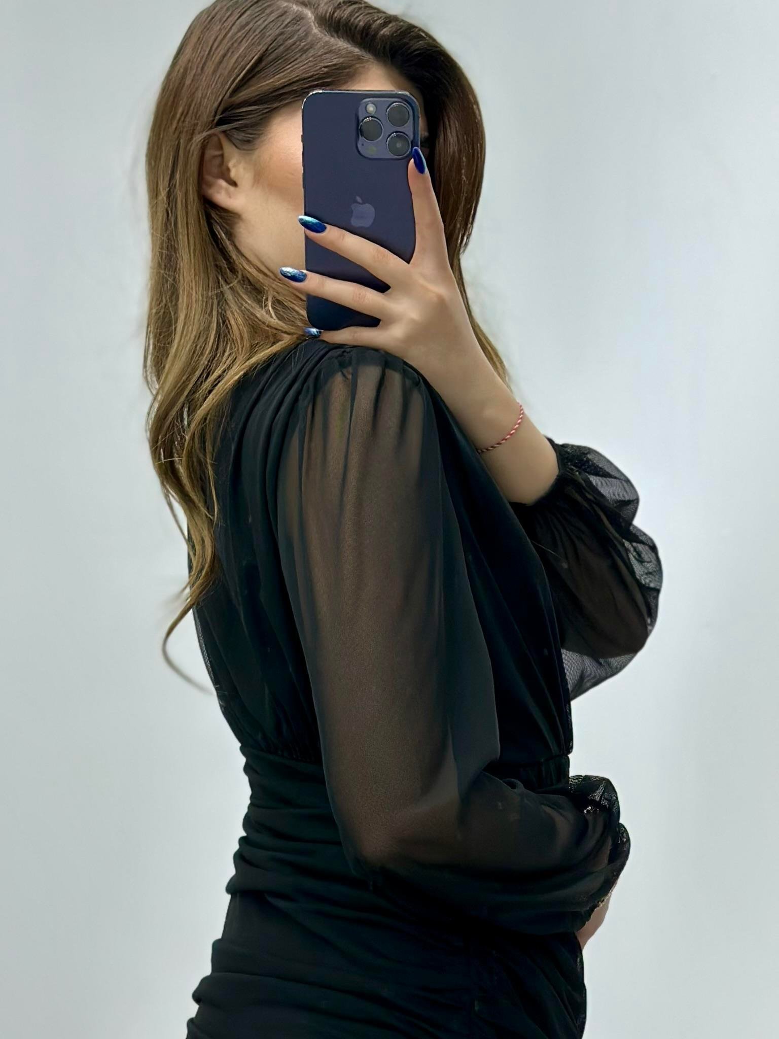 Likralı Kumaş Drapeli Derin V Yaka Tasarım Elbise Siyah 