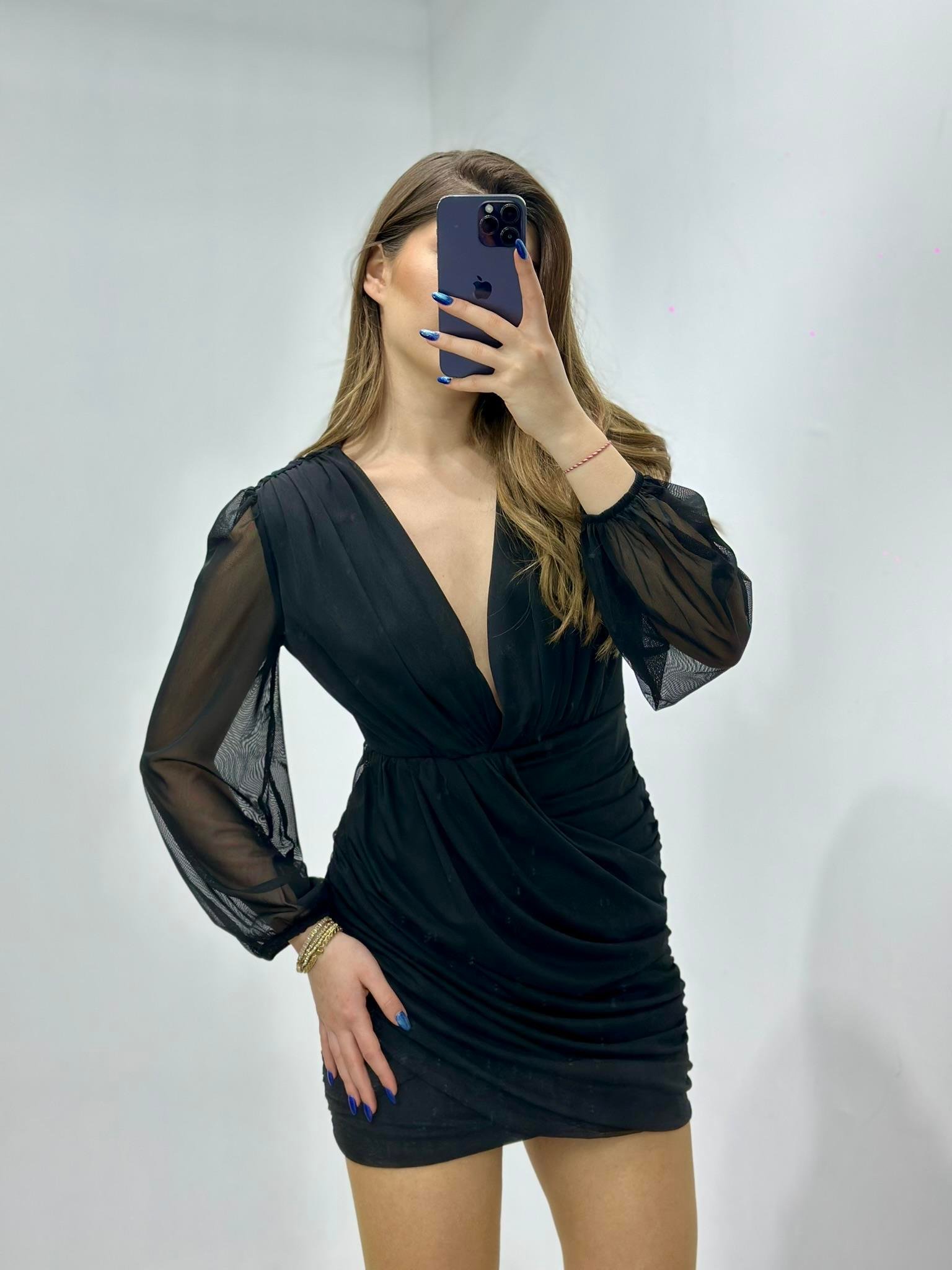 Likralı Kumaş Drapeli Derin V Yaka Tasarım Elbise Siyah 