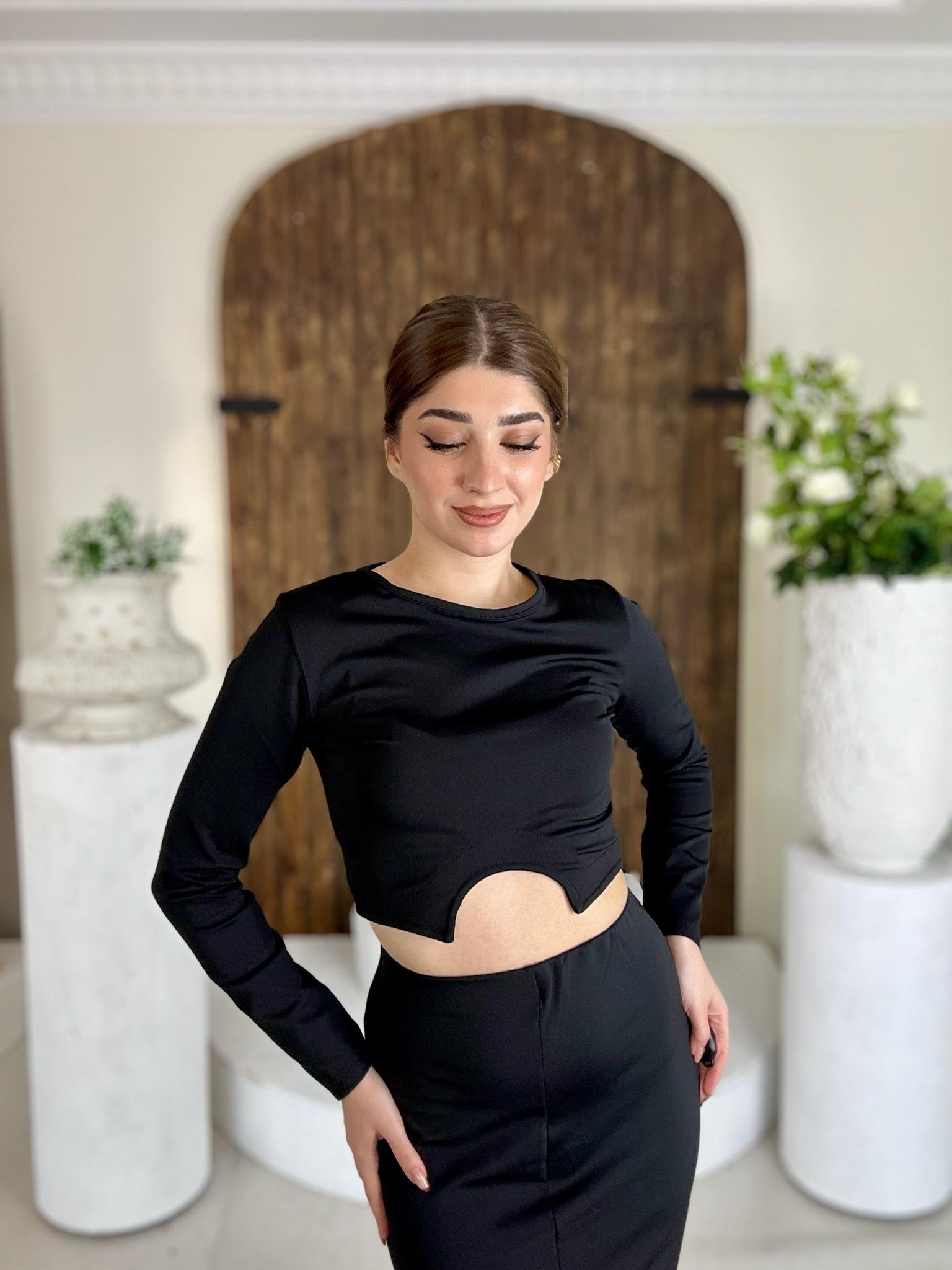 Likralı Micro Kumaş Crop Uzun Etek İkili Takım Siyah