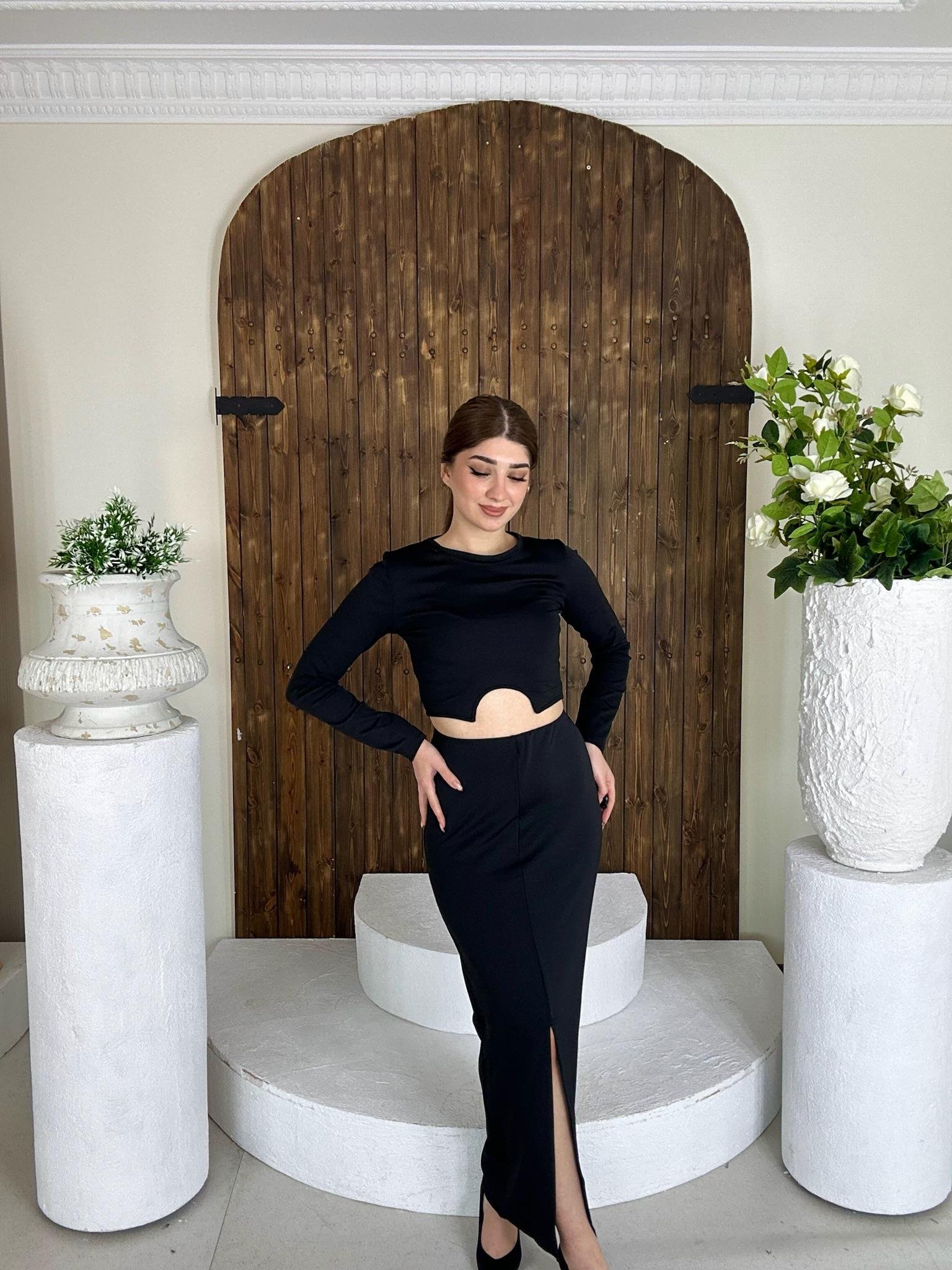 Likralı Micro Kumaş Crop Uzun Etek İkili Takım Siyah