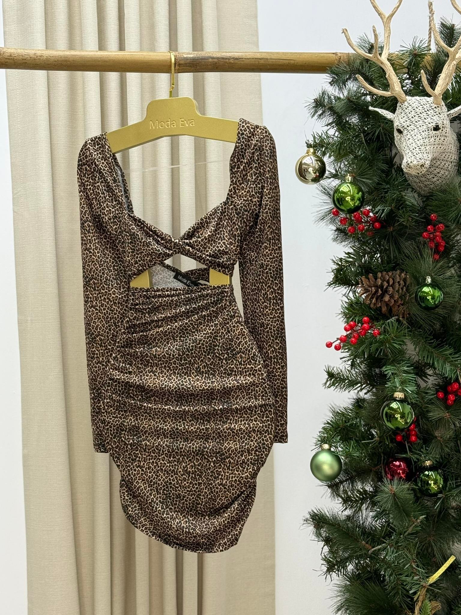Likralı Micro Kumaş Leopar Desen Bel Dekolteli  Elbise 