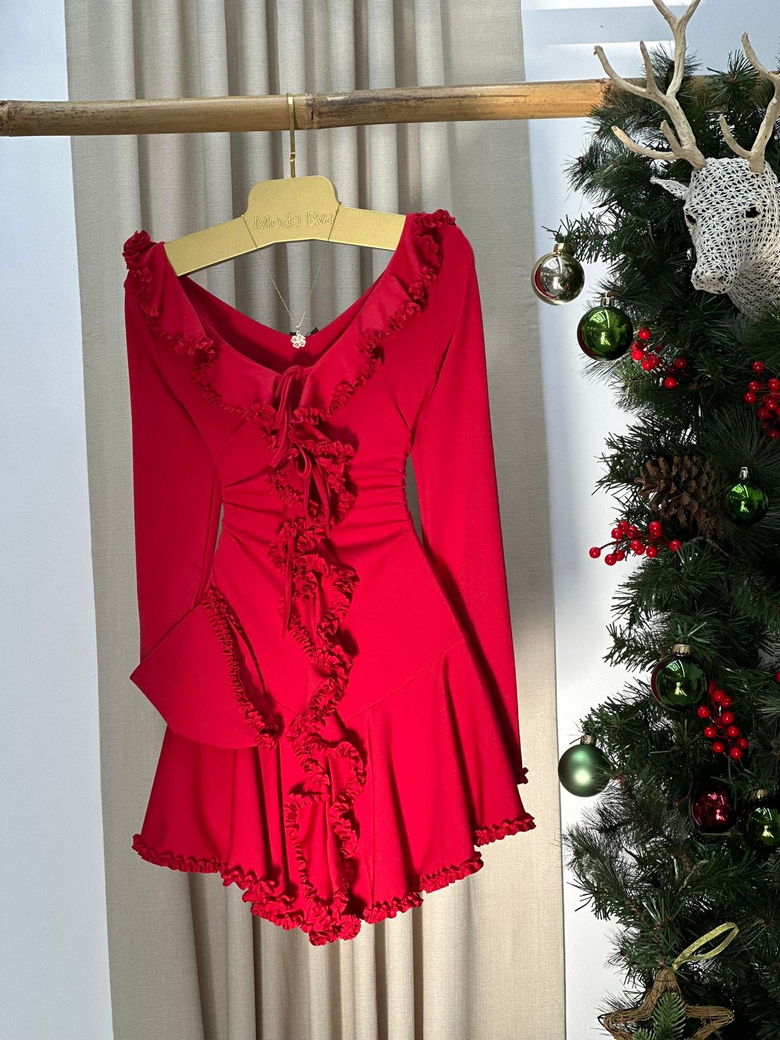 Likralı Micro Kumaş Volan Detaylı Tasarım Elbise Kırmızı