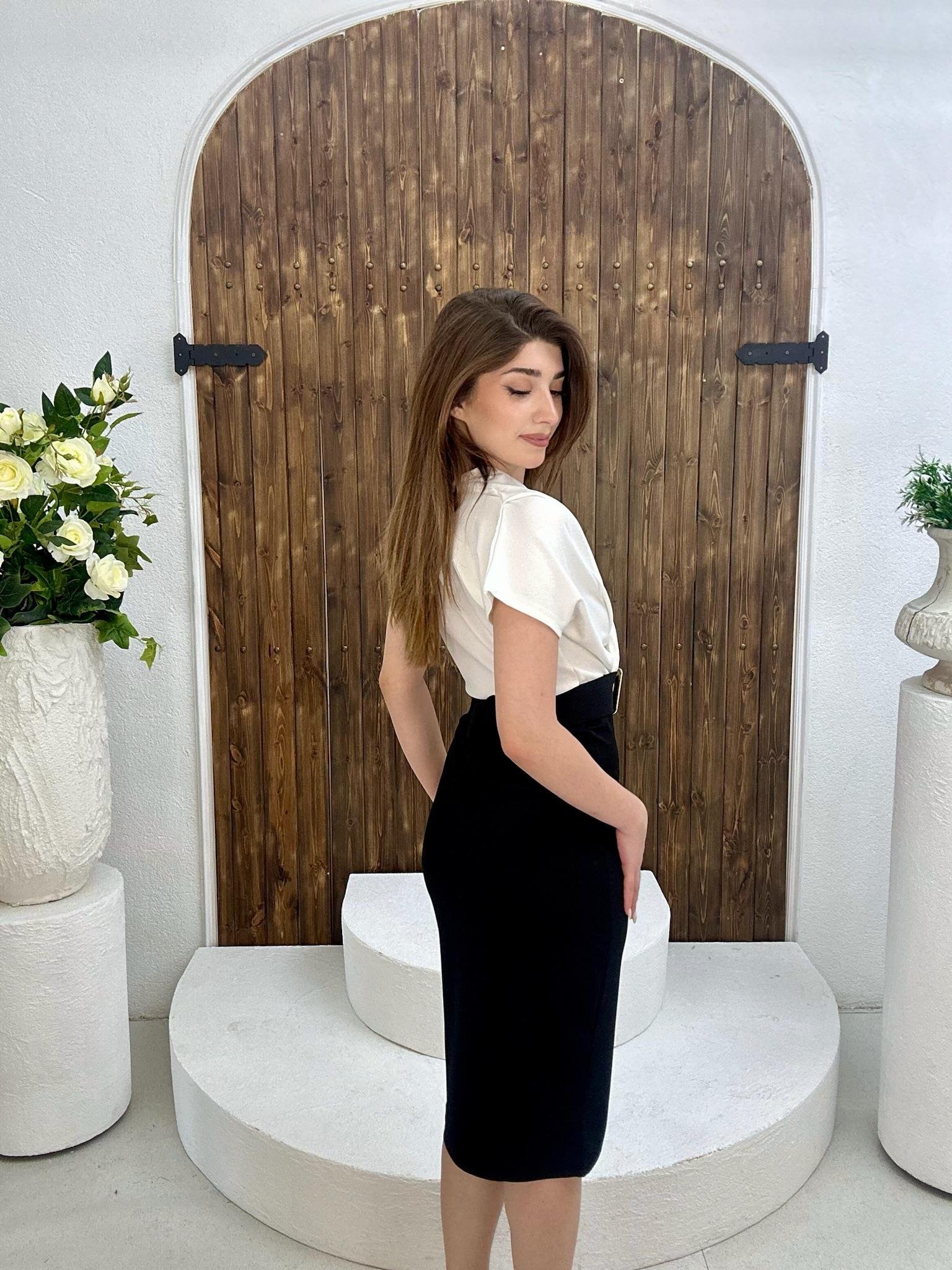 Likralı Örme Crep Kumaş Kruvaze Yaka Siyah Beyaz Kemer Hariç Kalem Elbise 