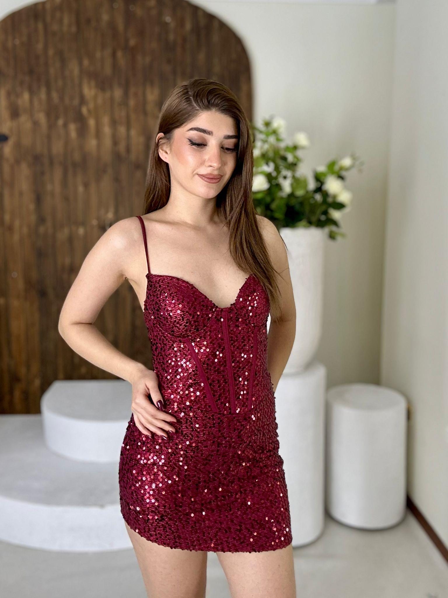 Likralı Payet kumaş Asimetrik Elbise