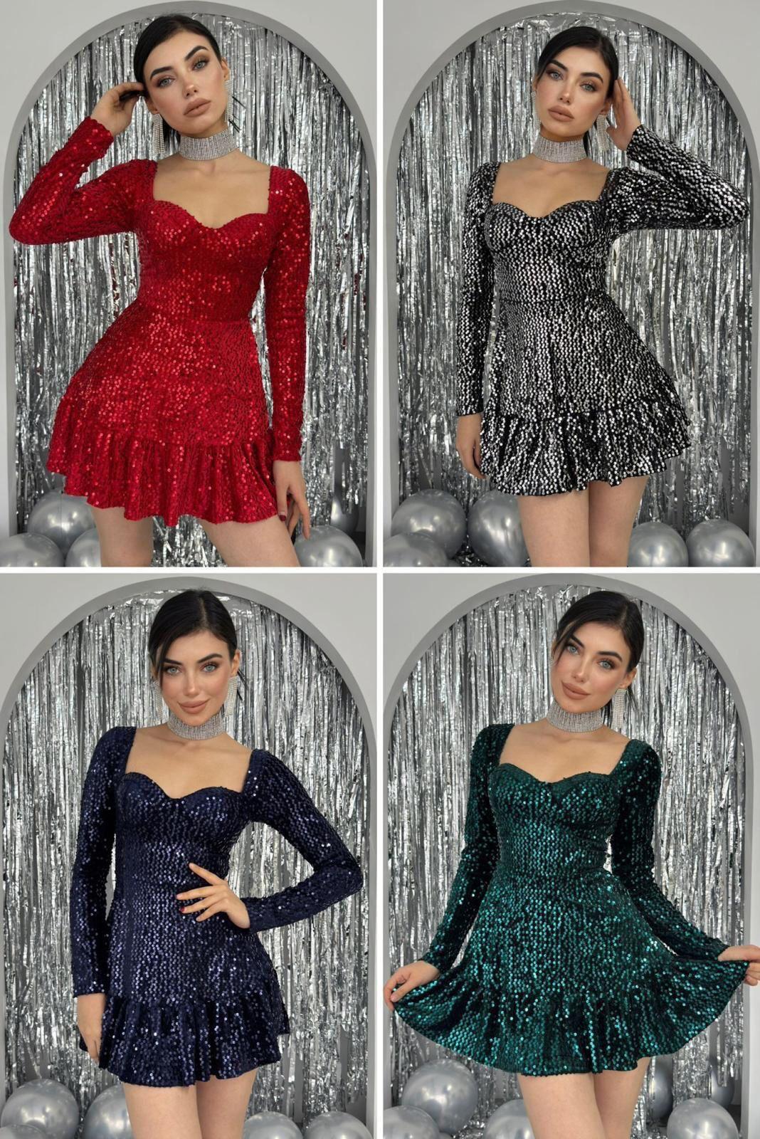 Likralı Payet Kumaş Kalp Yaka Tasarım Elbise