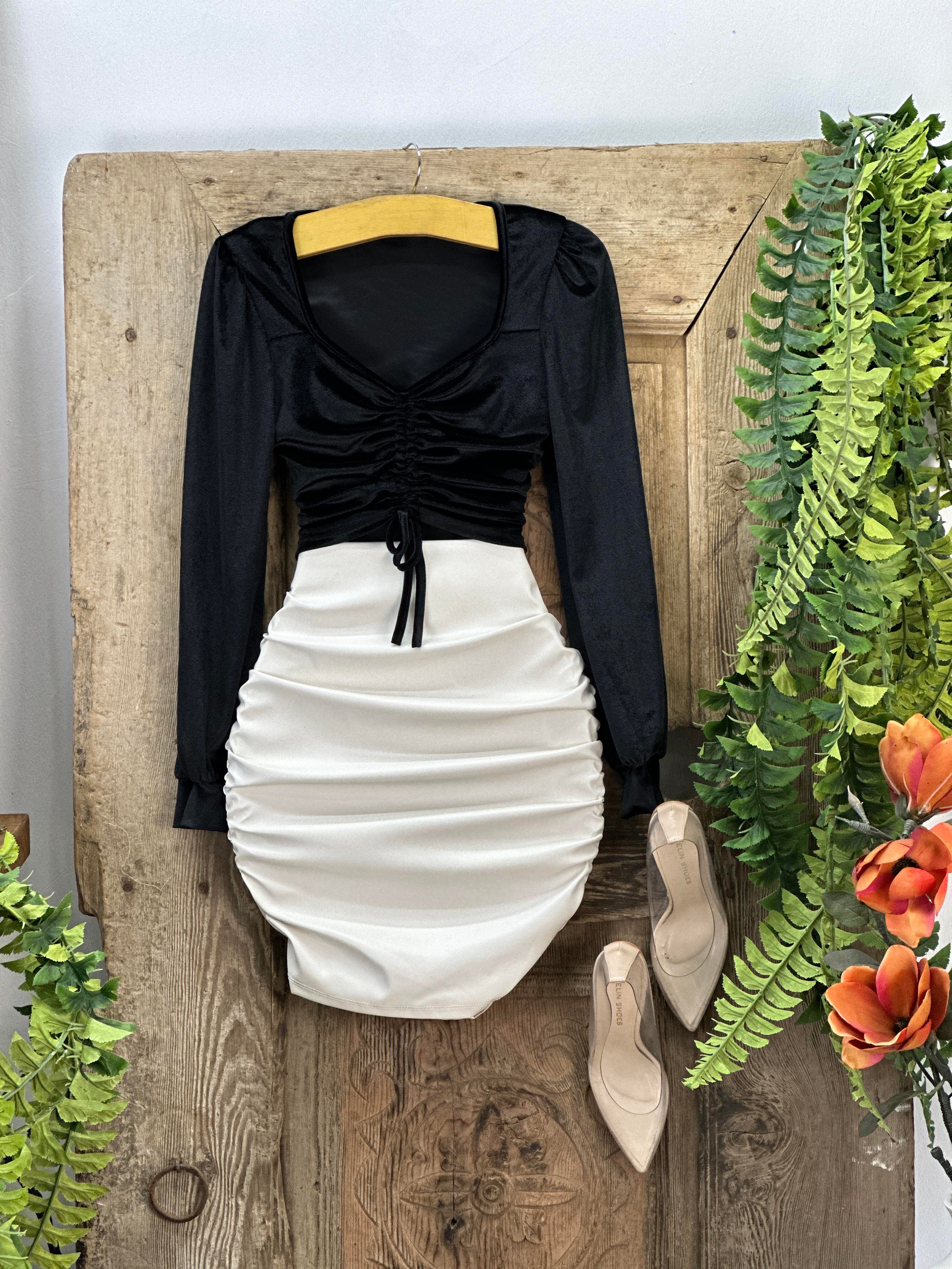 Likralı Pu Deri Drapeli Krem Etek 